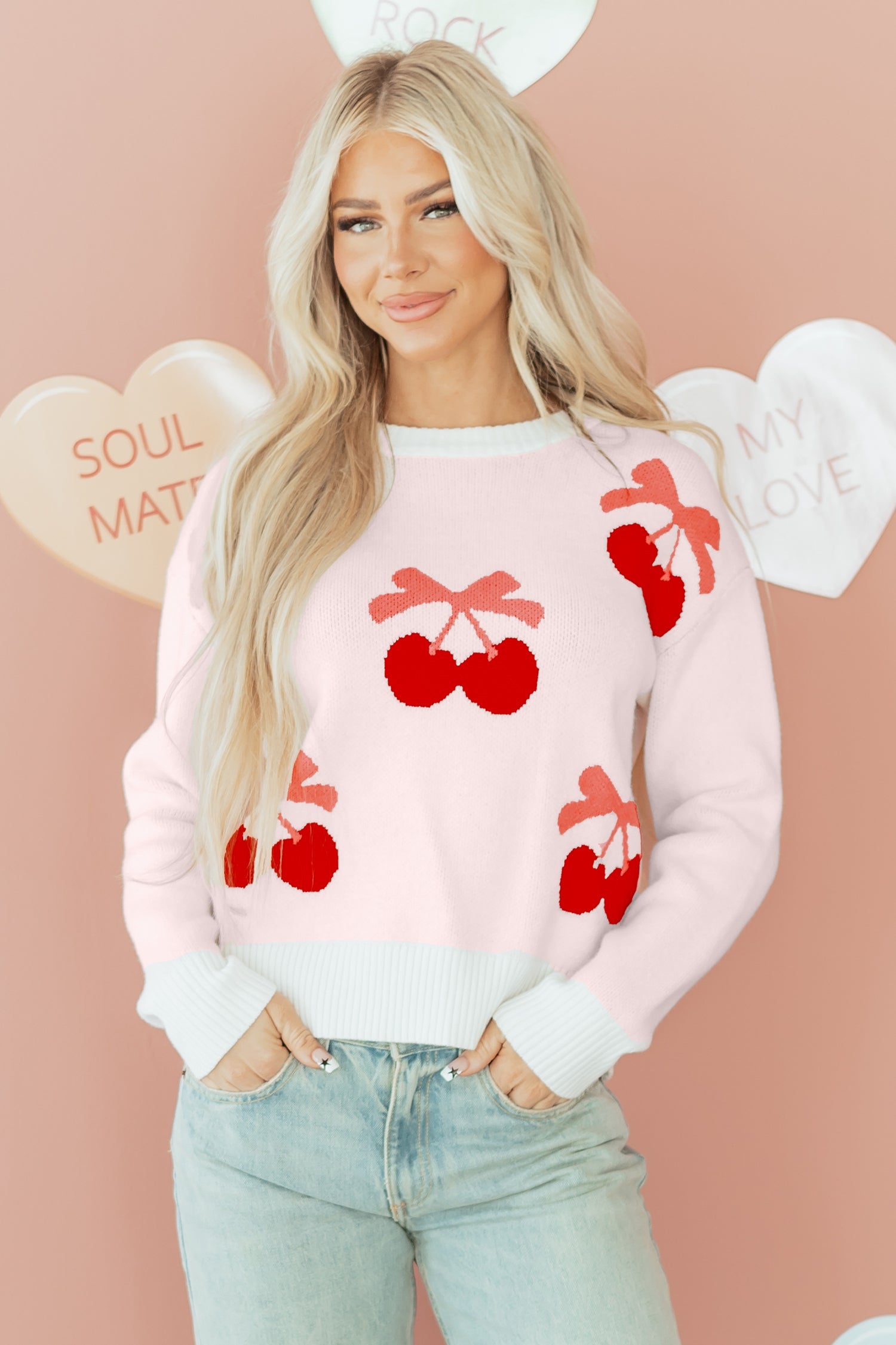Cherry Pattern Drop Shoulder Sweater - White / S - Sweaters & Cardigans/Sweaters