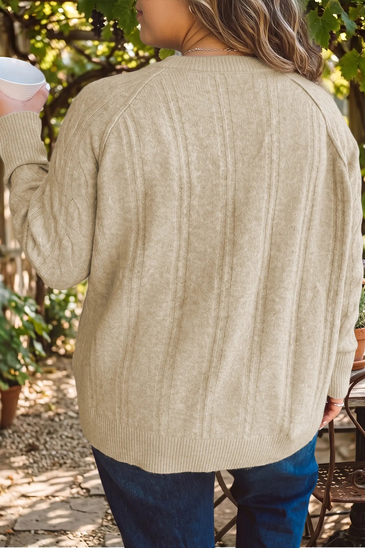 Oversized Cable Knit Long Sleeve Round Neck Tunic Length Plus Size Sweater – Parchment