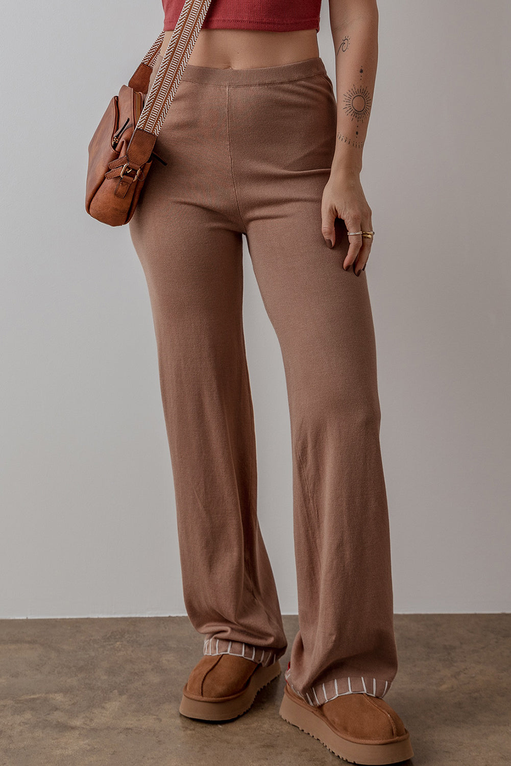 Straw Yellow High Waist Straight Leg Knitted Pants Beagle Boutique Fashion Outlet