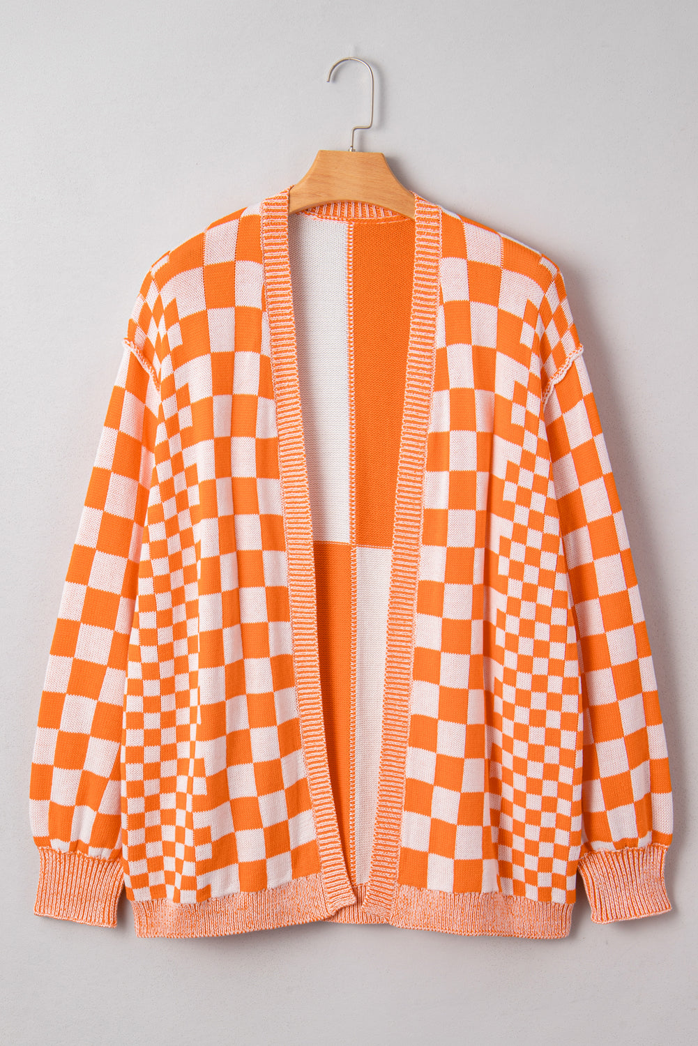 Orange Checkered Bubble Sleeve Drop Shoulder Open Cardigan eAura
