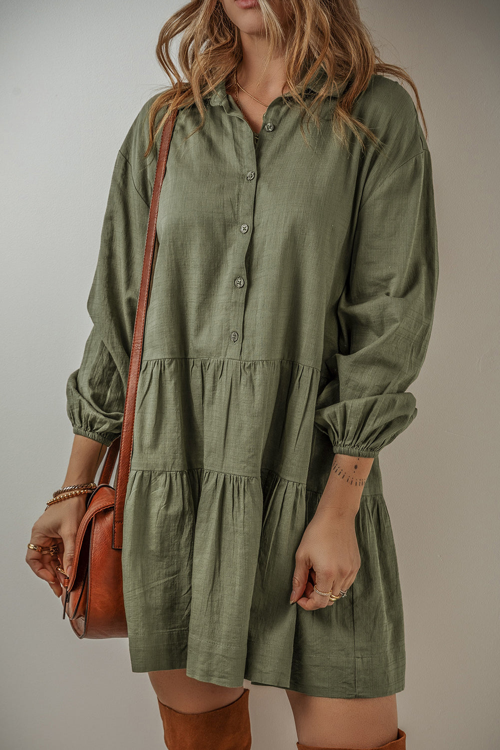 Tan Puff Sleeve Buttoned Tiered Pleated Shirt Mini Dress Beagle Boutique Fashion Outlet