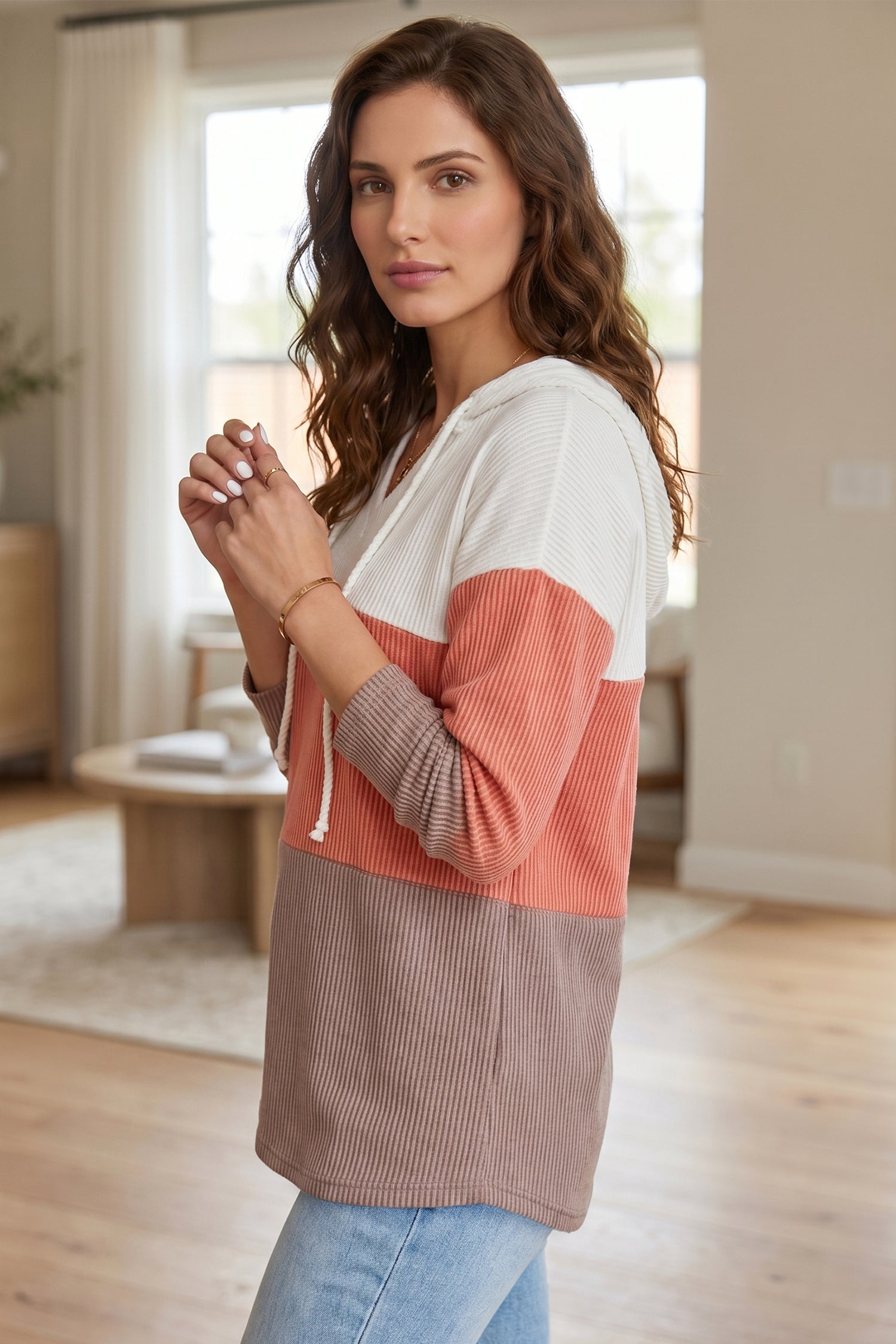 Ribbed Colorblock Hooded Pullover Long Sleeve Top – Gold Flame