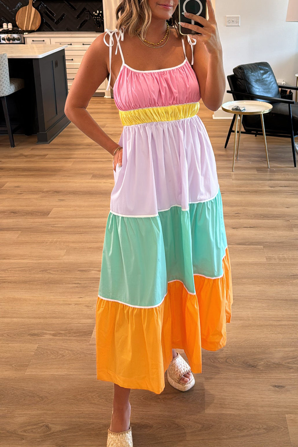 Multicolour Colourblock Self-tie Straps High Waist Flowy Maxi Dress with Pockets eAura