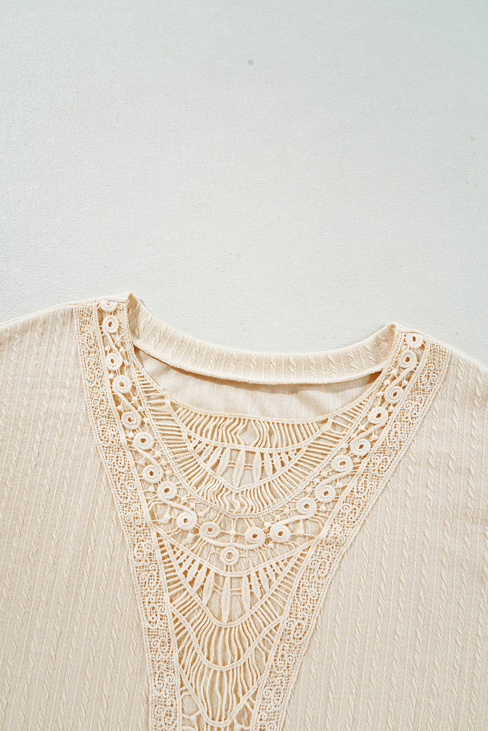 Beige Lace Crochet Patched Cable Textured Cuffed Short Sleeve Plus Size Top BB Fashion Outlet