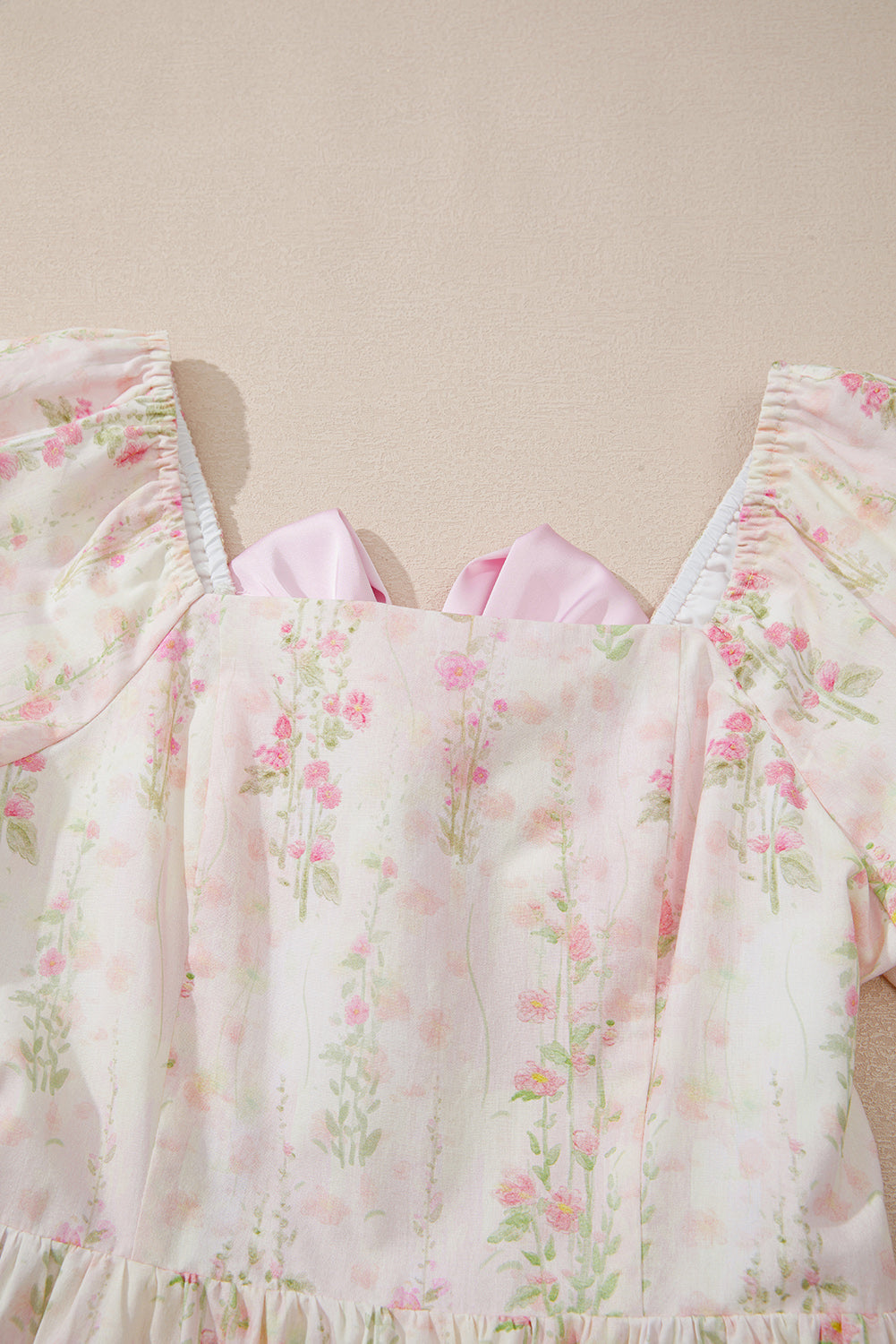 Pink Floral Puff Sleeve Square Neck Knotted Open Back Ruffled Mini Dress eAura