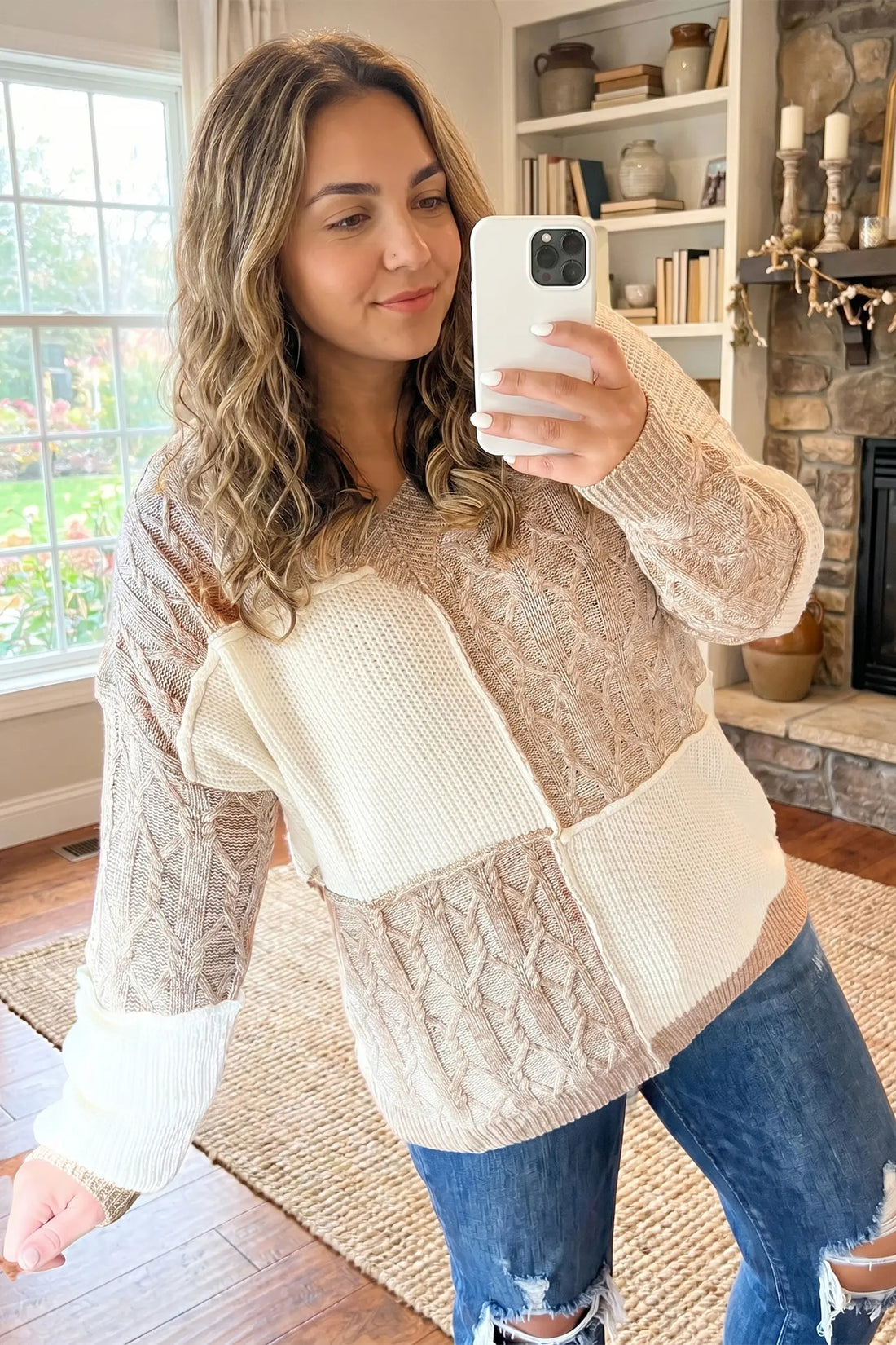 Colourblock V Neck Long Sleeve Tunic Loose Fit Plus Size Sweater – Parchment
