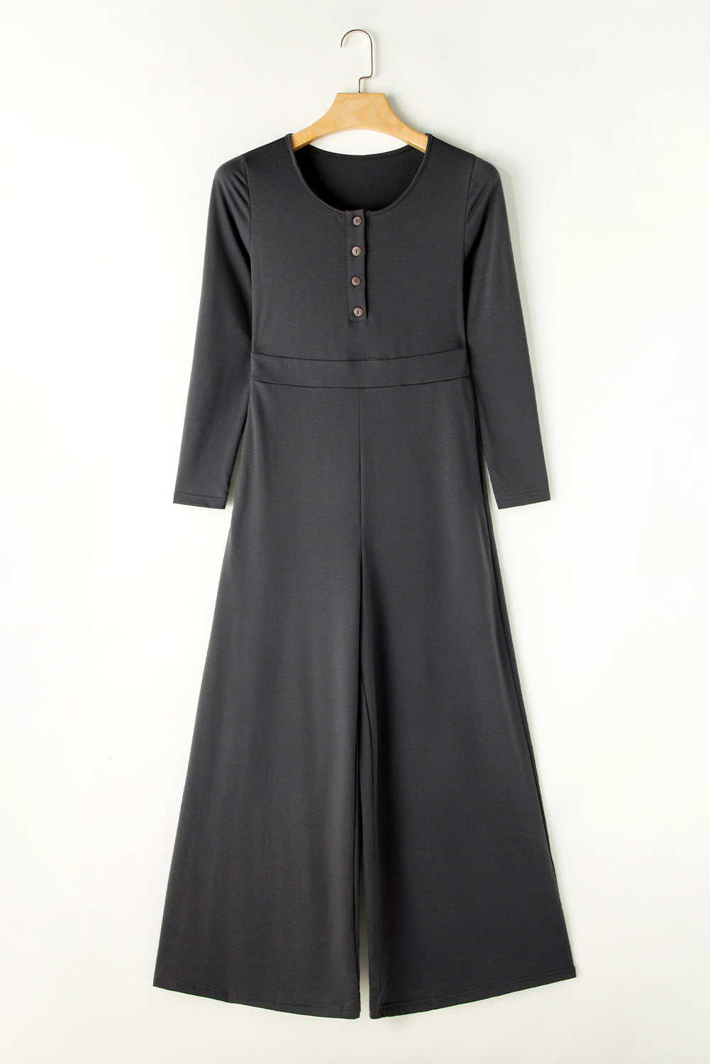 Grey Button Long Sleeve Wide Leg Jumpsuit eAura