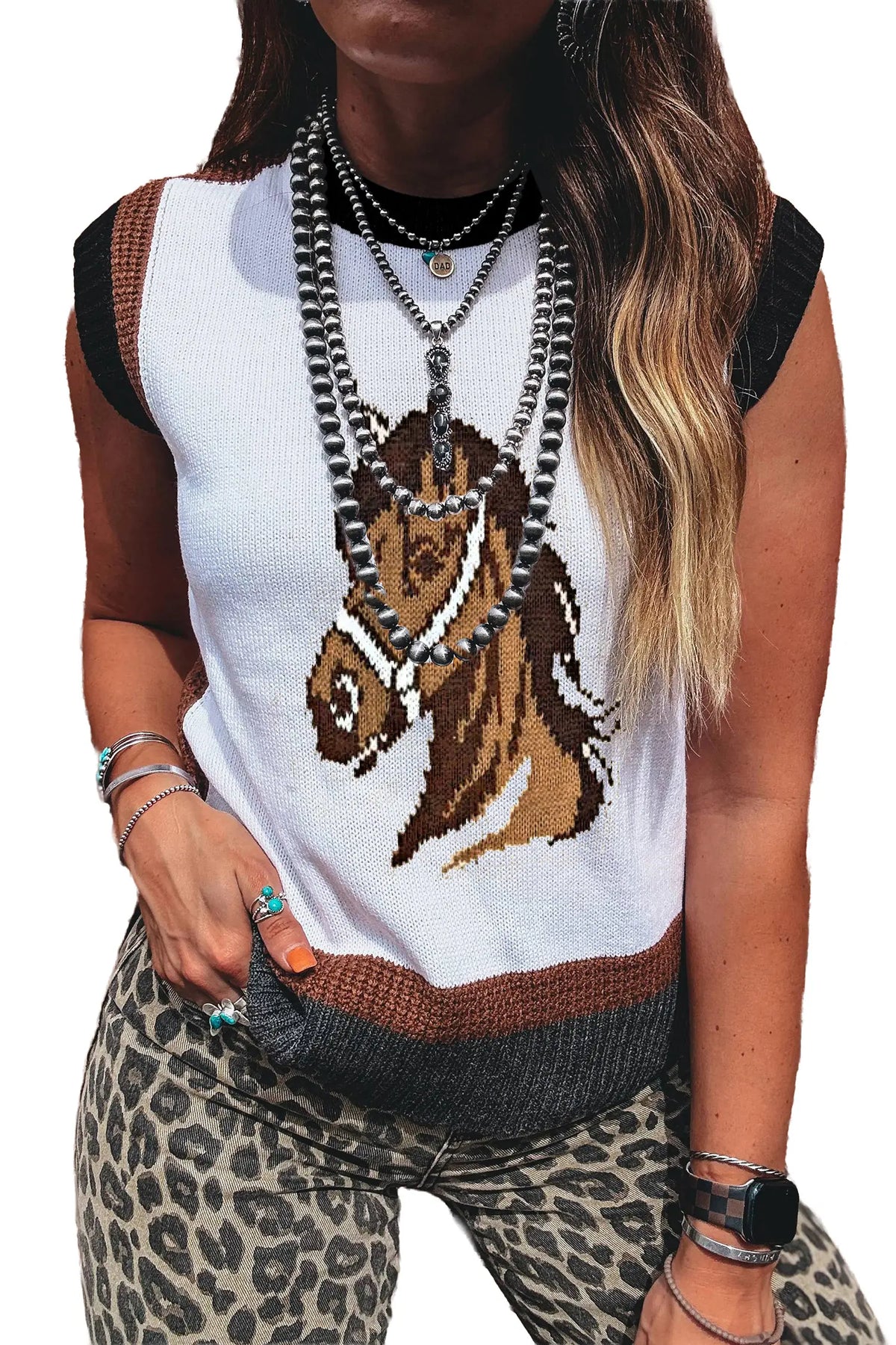 White Western Horse Head Colour Block Trim Sweater Vest