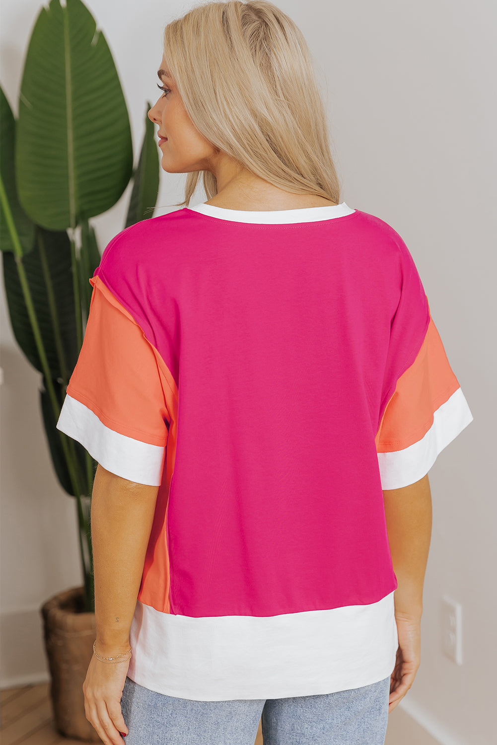 Rose Red Colour Block Patchwork Side Slits Loose Fit T Shirt eAura