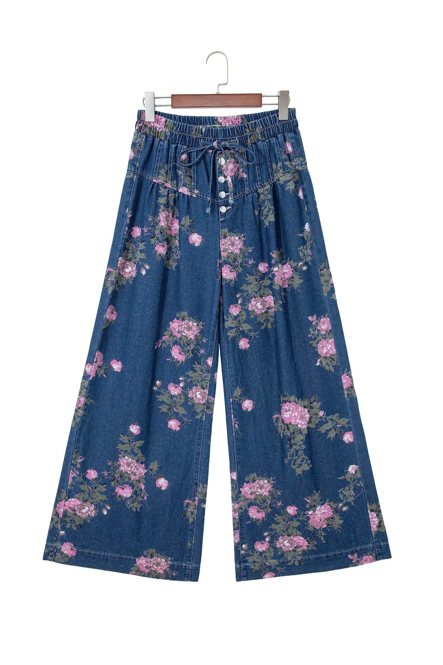 Floral Print Elastic Waist Pintuck Wide Leg Jeans