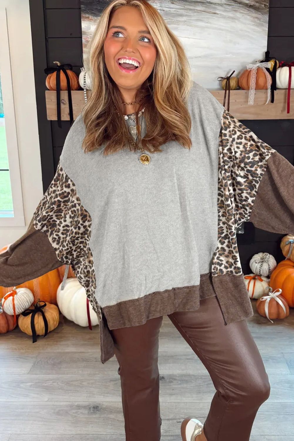 Colour Block Leopard Patchwork Dolman Sleeve High Low Baggy Sweatshirt - Tops/Sweatshirts & Hoodies