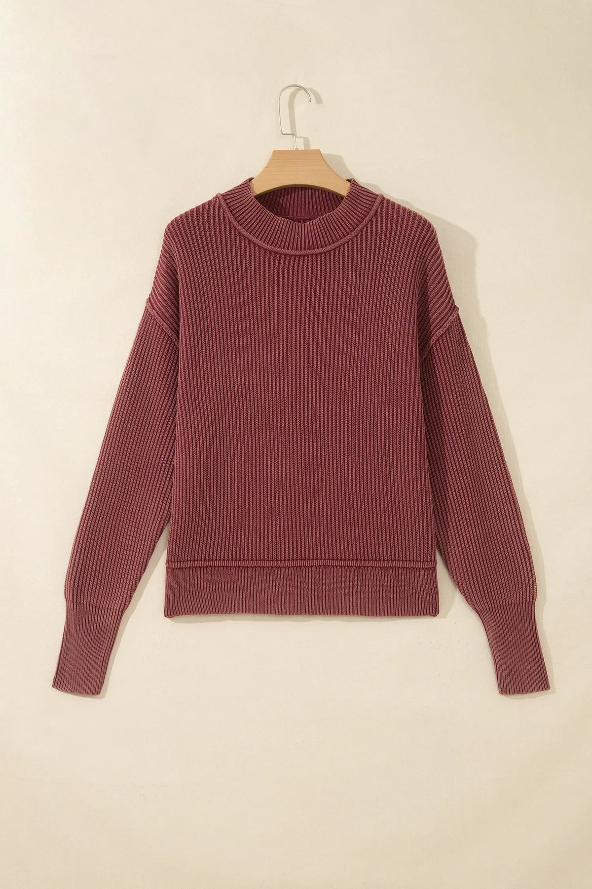 Red Dahlia Drop Shoulder High Neck Ribbed Sweater – Burgundy