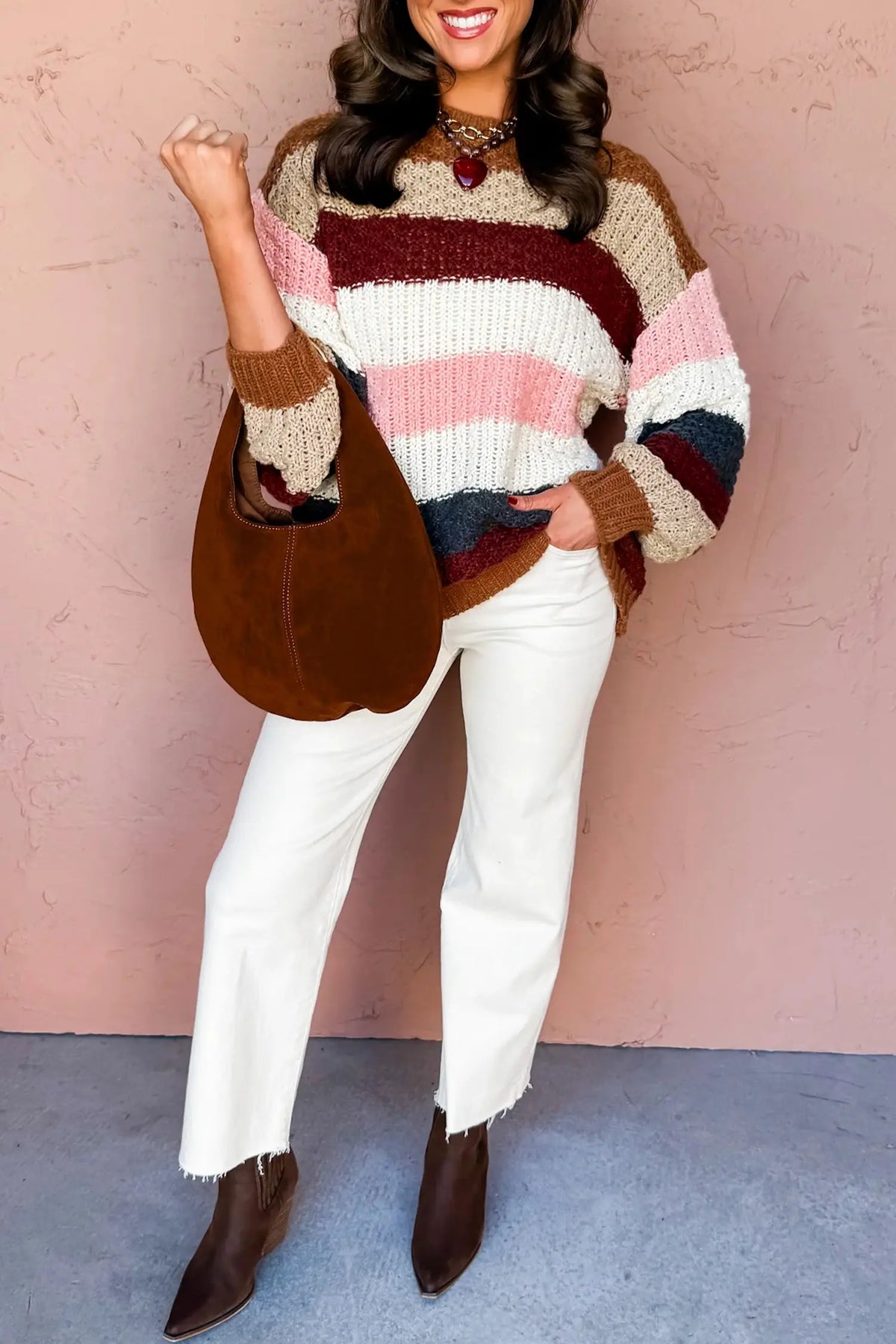 Striped Knit Dropped Shoulder Round Neck Pullover Sweater
