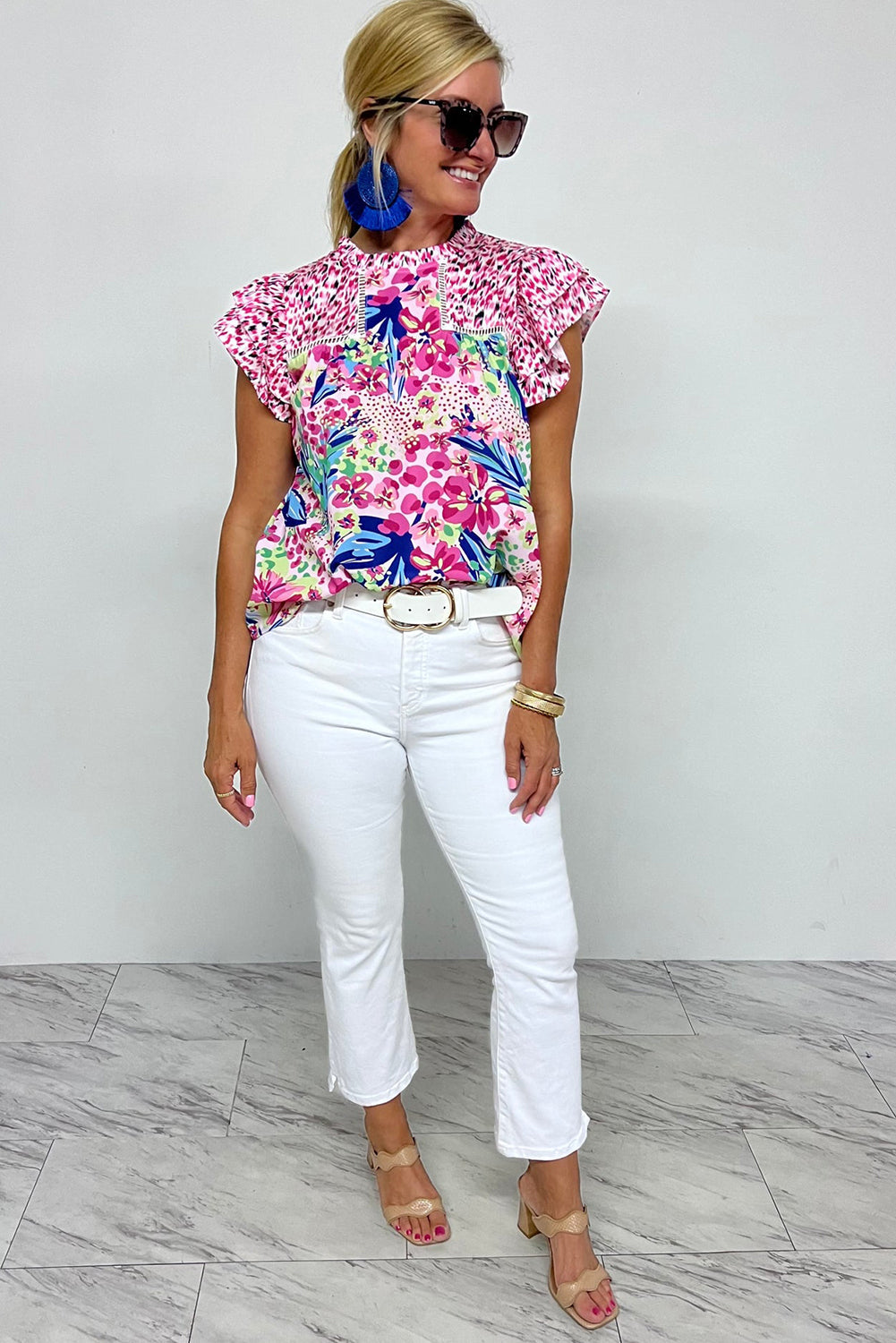Pink Floral Mixed Print Ruffle Cap Sleeve Blouse eAura