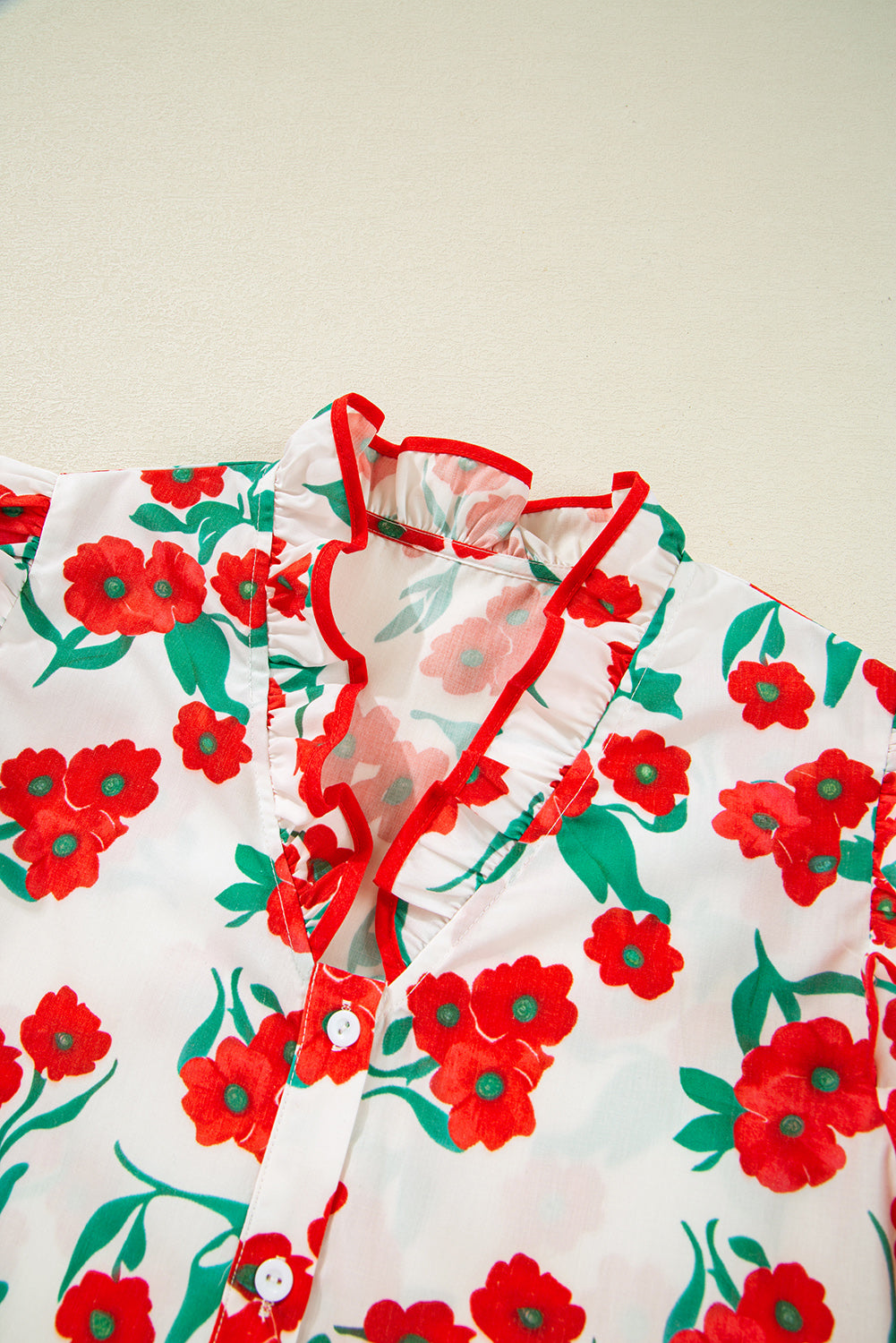 Red Floral Print Ruffled Puff Sleeve Elegant Summer Shirt eAura