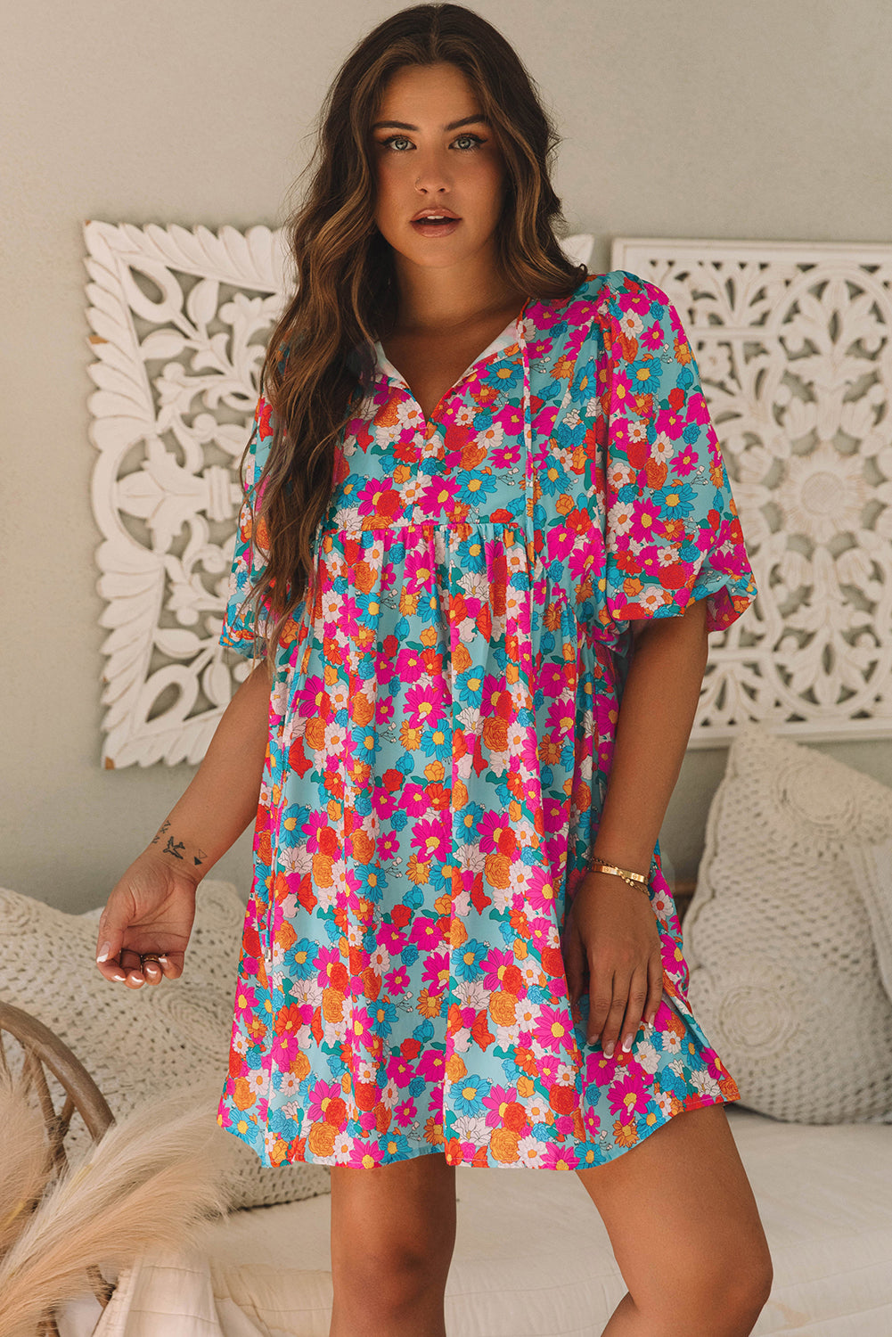 Sky Blue Floral Print Tie Split Neck Bubble Sleeve Babydoll Dress eAura