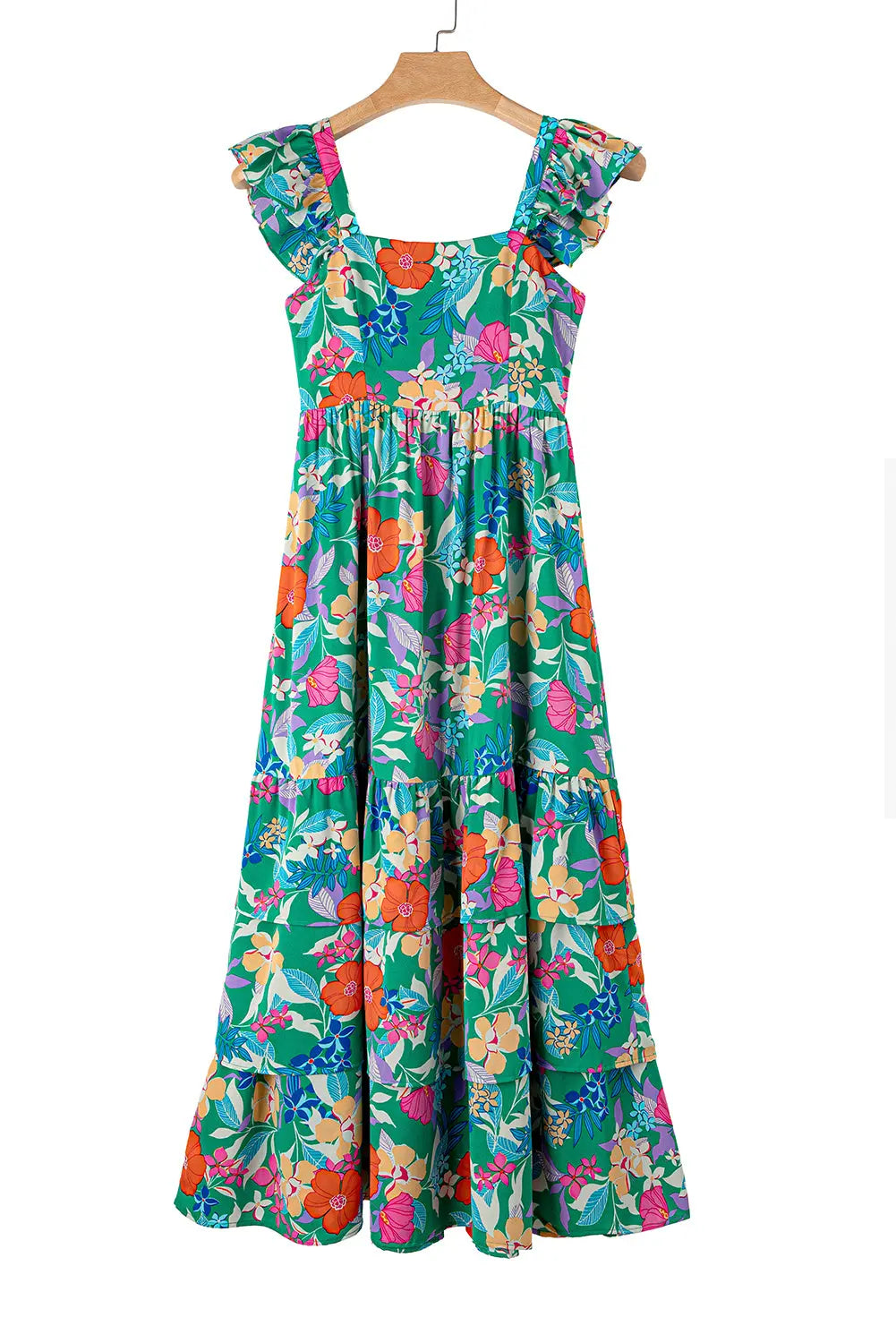 Green Floral Print Sleeveless Ruffle Tiered Maxi Dress - Dresses/Floral Dresses