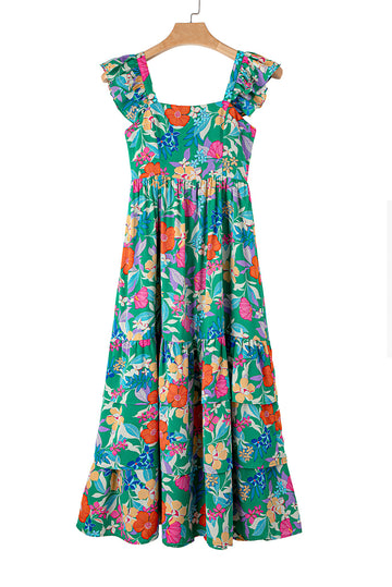 Green Floral Print Sleeveless Ruffle Tiered Maxi Dress - Dresses/Floral Dresses