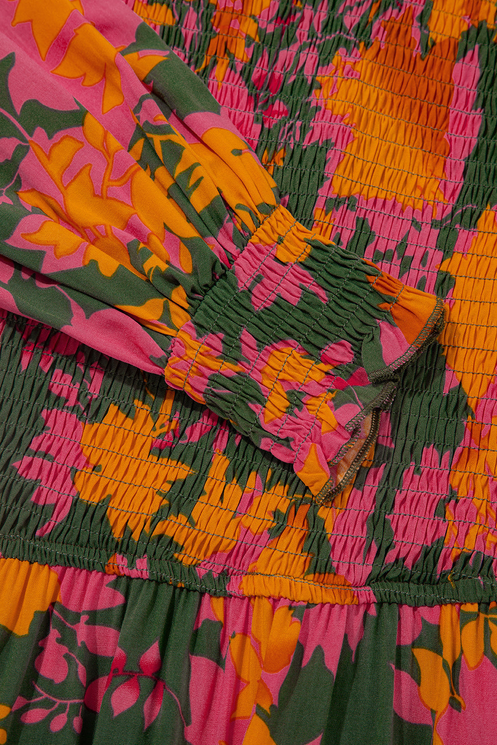 Floral Puff Sleeve Smocked Bodice Ruffled Long Dress - eAura