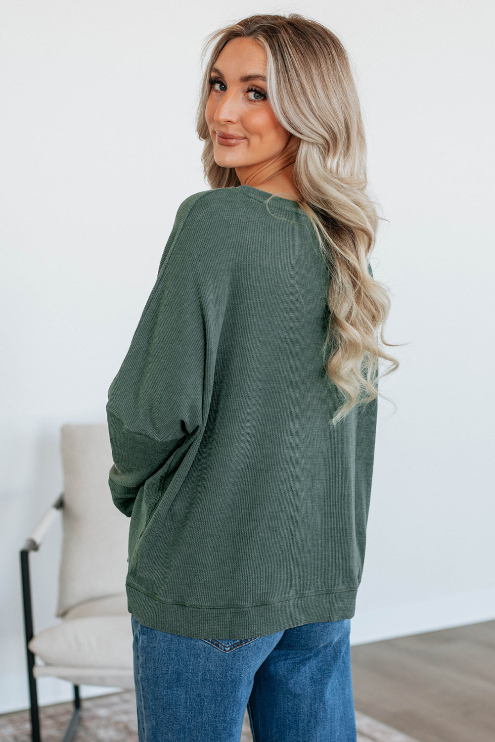 Waffle Textured Long Sleeve Loose Top eAura