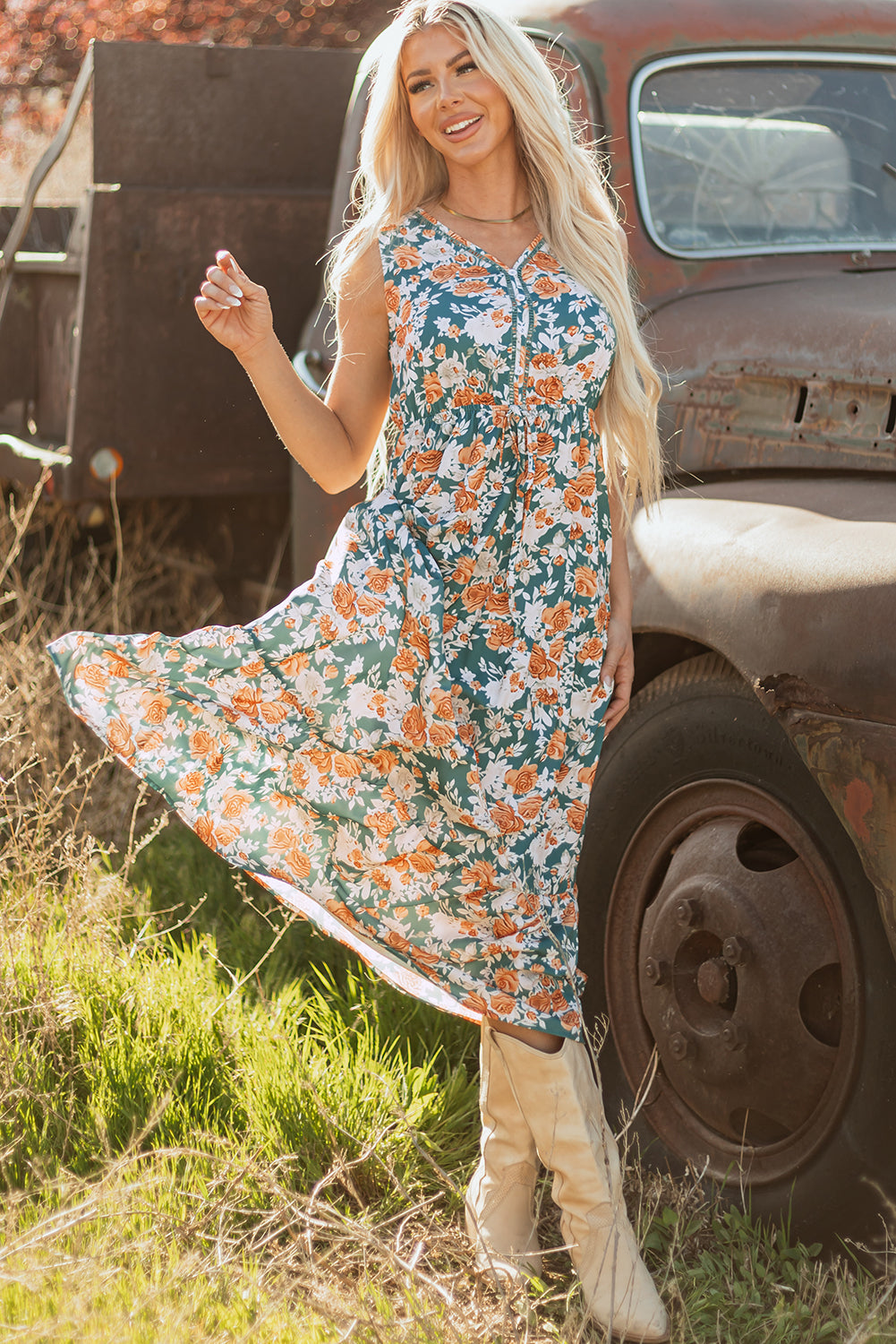 Green Floral Print Trimmed V Neck Tie Waist Sleeveless Holiday Long Dress - eAura