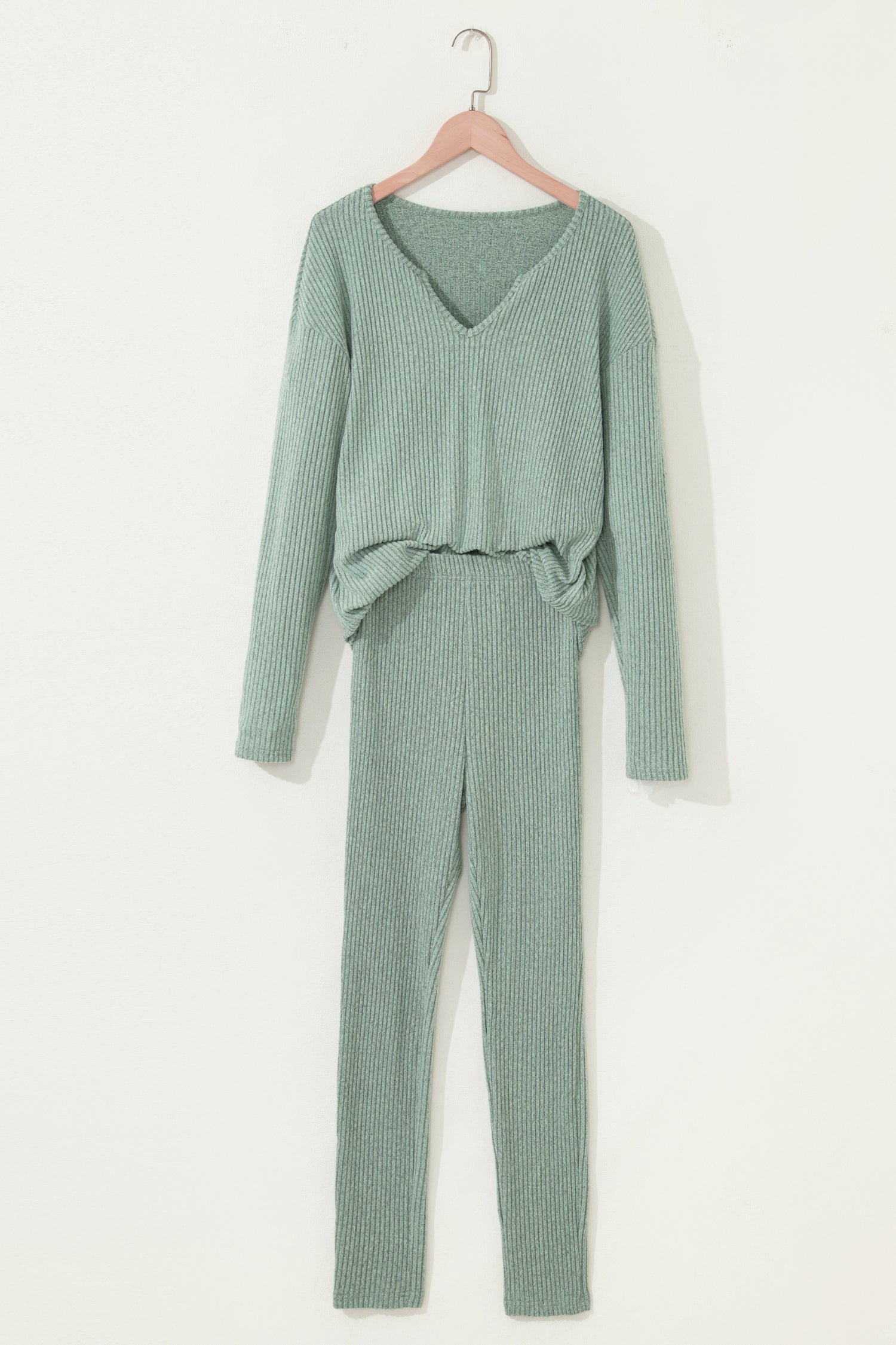 Rib Notched Neck Long Sleeve Leggings Two Piece Lounge Set - eAura