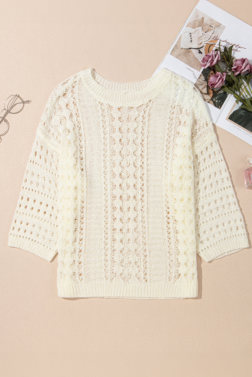 White Hollow Out Knit Bracelet Sleeve Drop Shoulder Sweater eAura
