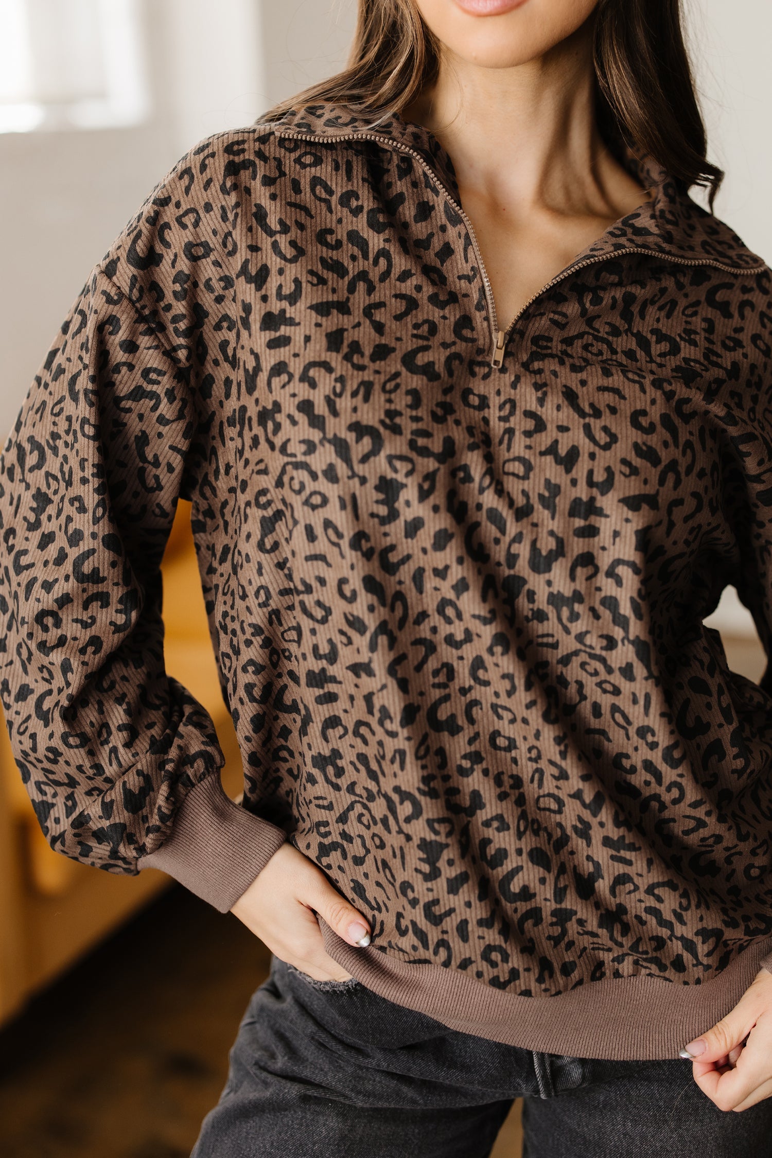 Leopard Print Quarter Zip Soft Corduroy Sweatshirt - Tops/Sweatshirts & Hoodies