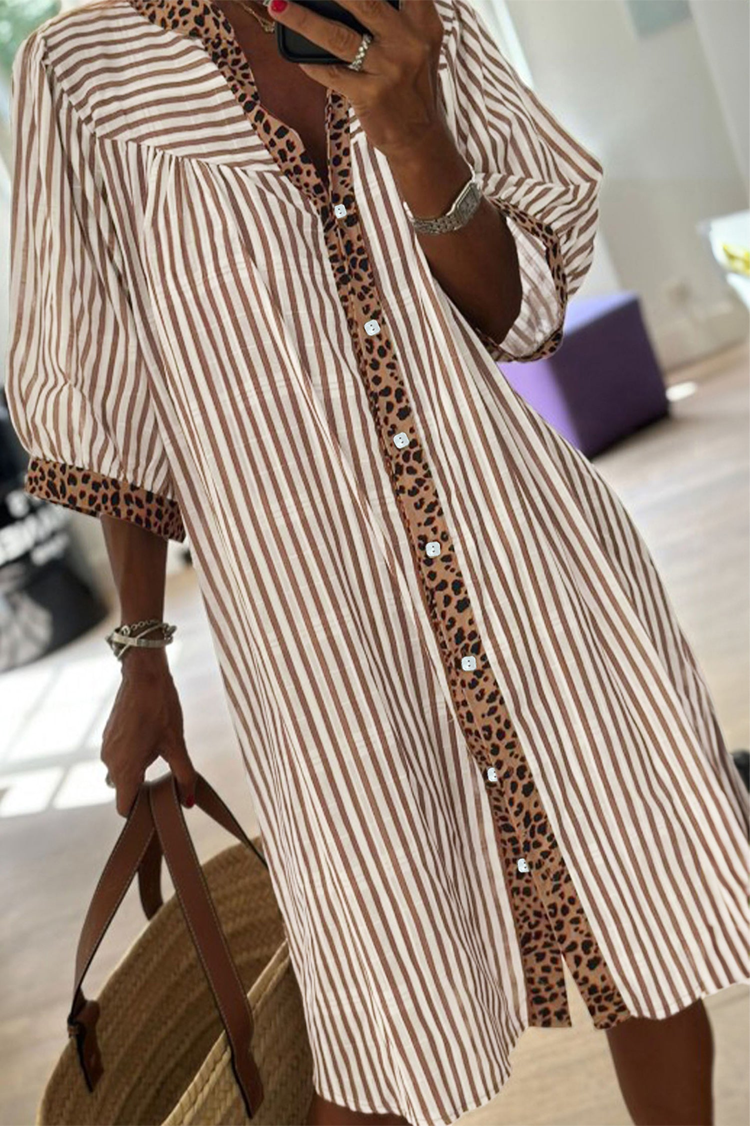 Stripe Square Button Leopard Trim Loose Bracelet Sleeve Shirt Dress
