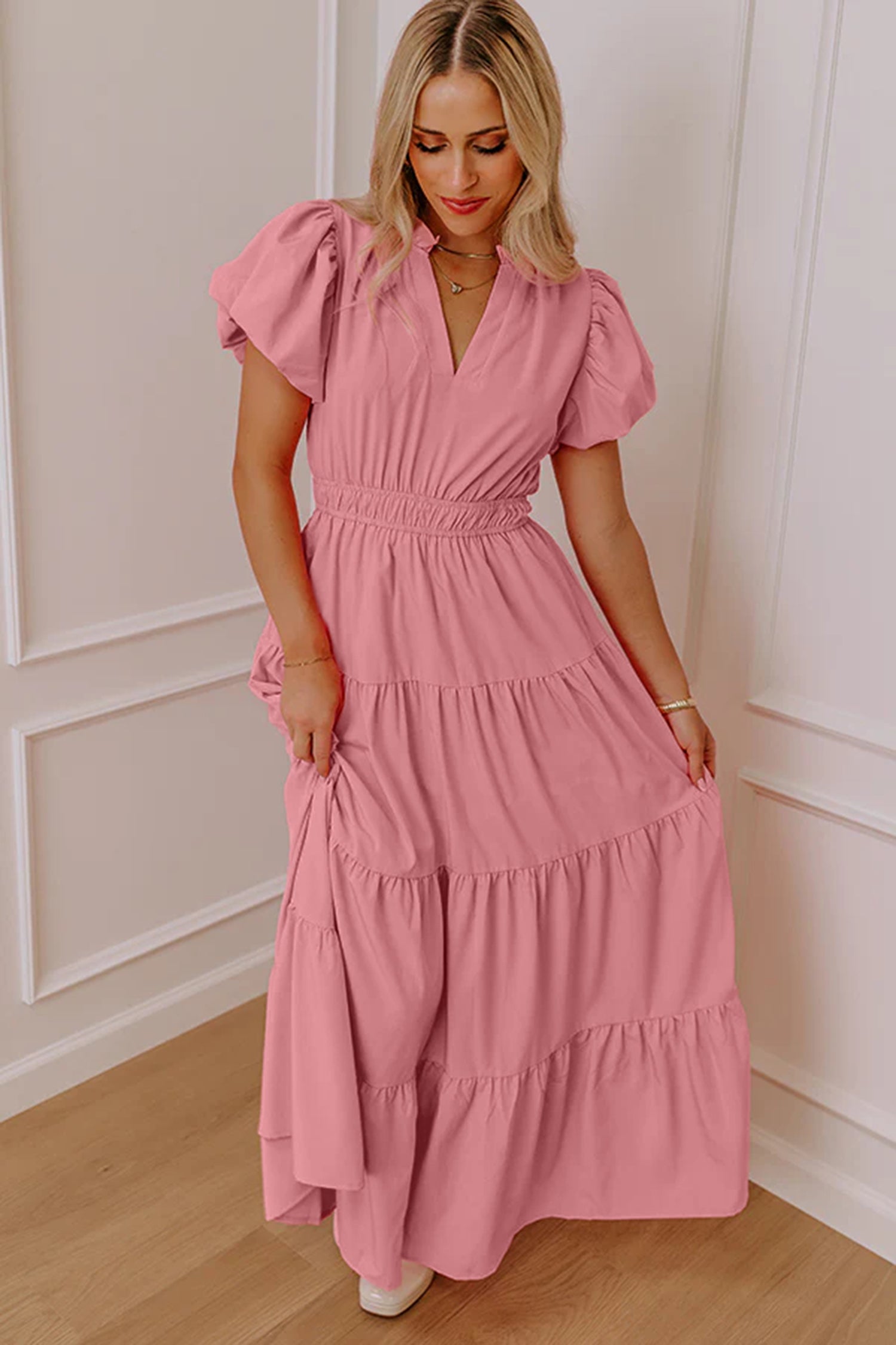 Women's V-Neck Puff Sleeve Tiered Maxi Dress