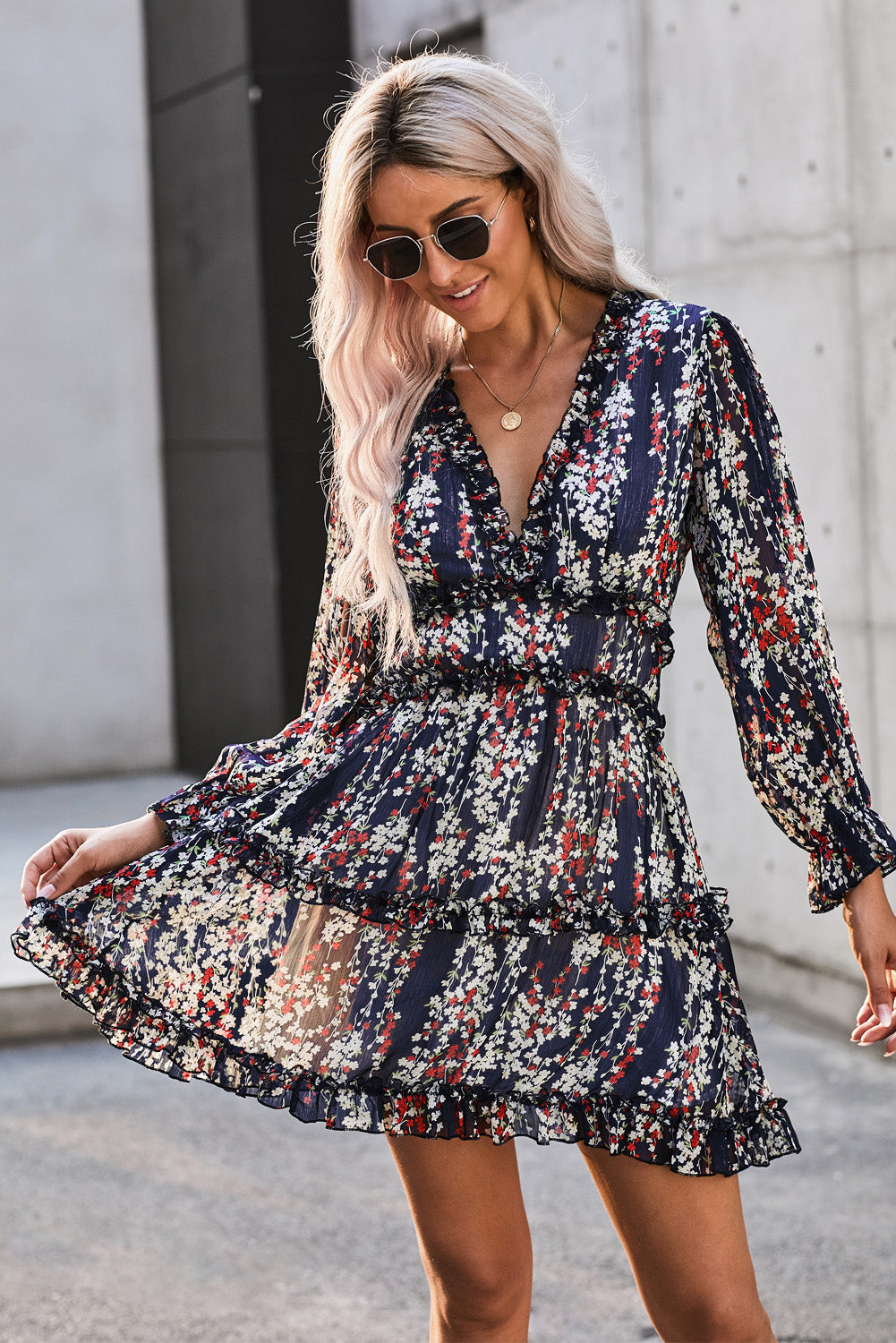 Blue Ruffle Detailing Open Back Floral Dress BB Fashion Outlet