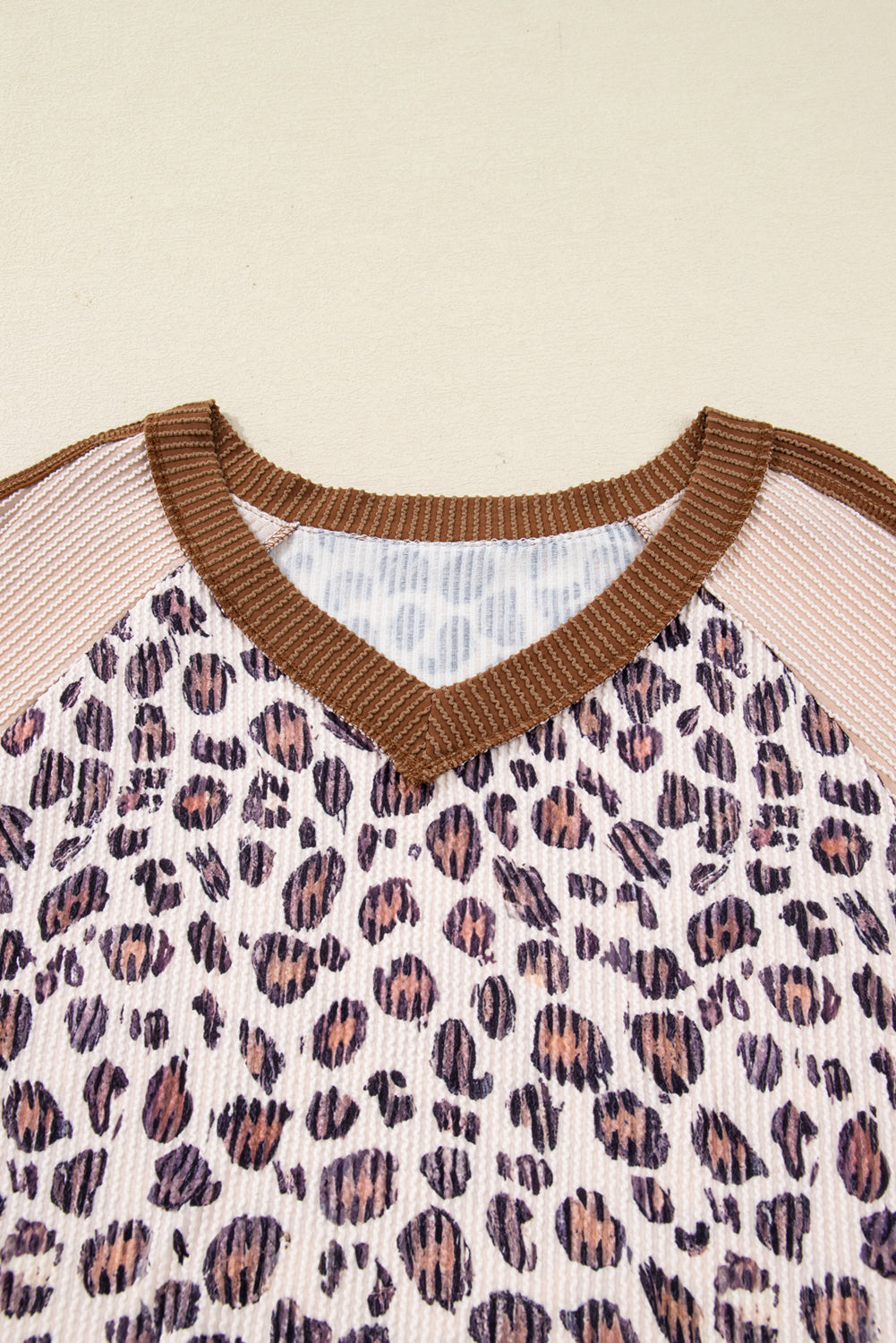 Leopard Patchwork Twist Ribbed Plus Size V-Neck Baggy Pullover - eAura