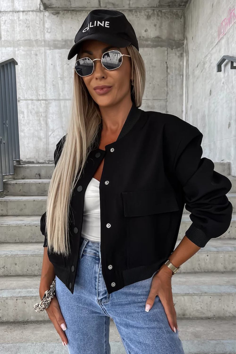 Black Big Pockets Baseball Collar Jacket Beagle Boutique Fashion Outlet