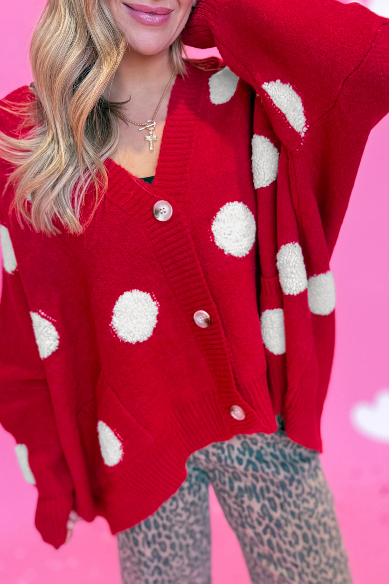 Polka Dot Button Front Oversized V Neck Cardigan – Beige