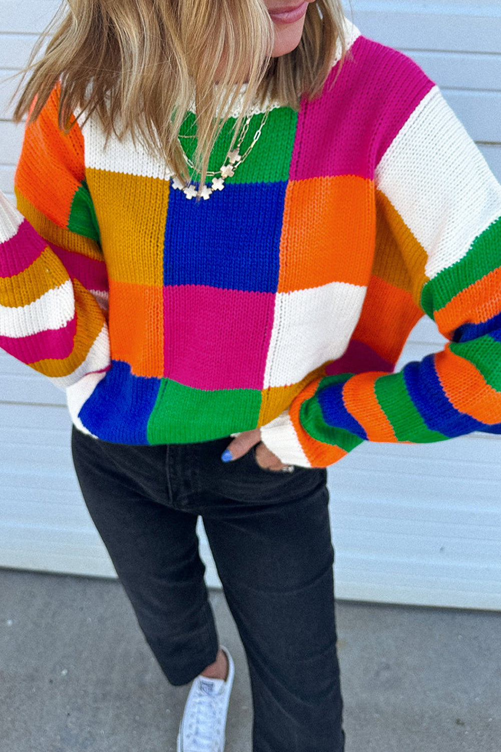 Orange Checkered Colour Block Round Neck Loose Sweater eAura