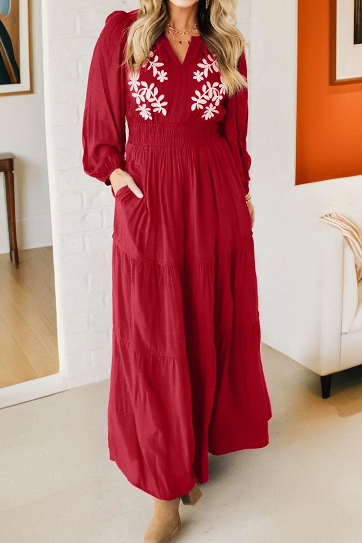 Contrast Embroidered Detail Cinched Waist Tiered Long Sleeve Maxi Dress