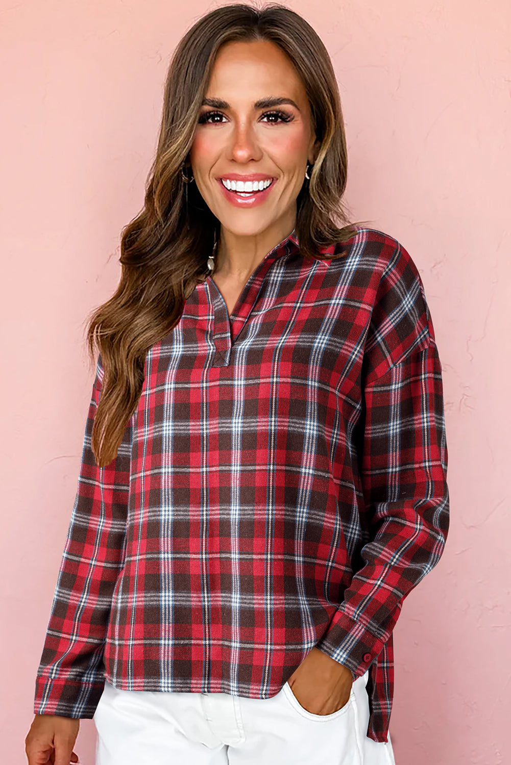 Red Plaid Print Collared V-Neck Oversized Blouse with Side Slits - Tops/Blouses & Shirts