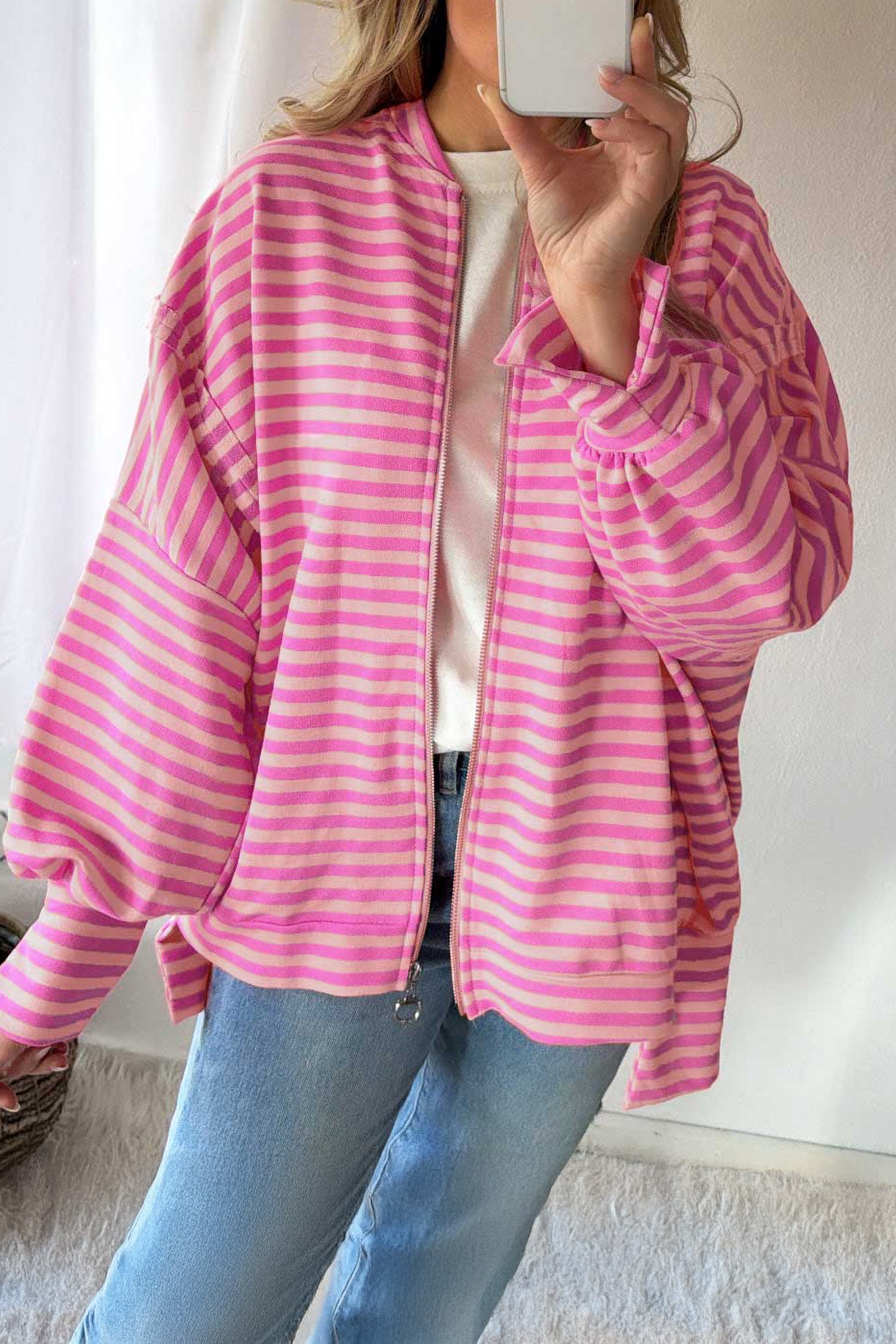 Zip-up Puff Sleeve Zip Jacket Sweatshirt – Pink Stripe
