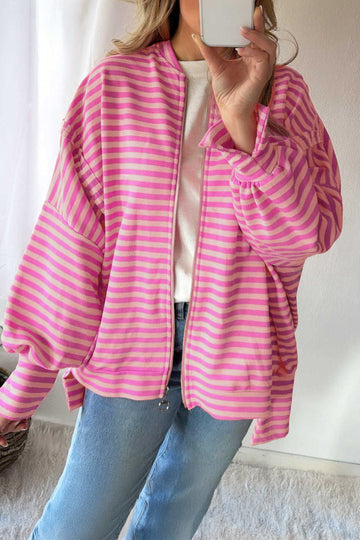 Zip-up Puff Sleeve Zip Jacket Sweatshirt – Pink Stripe