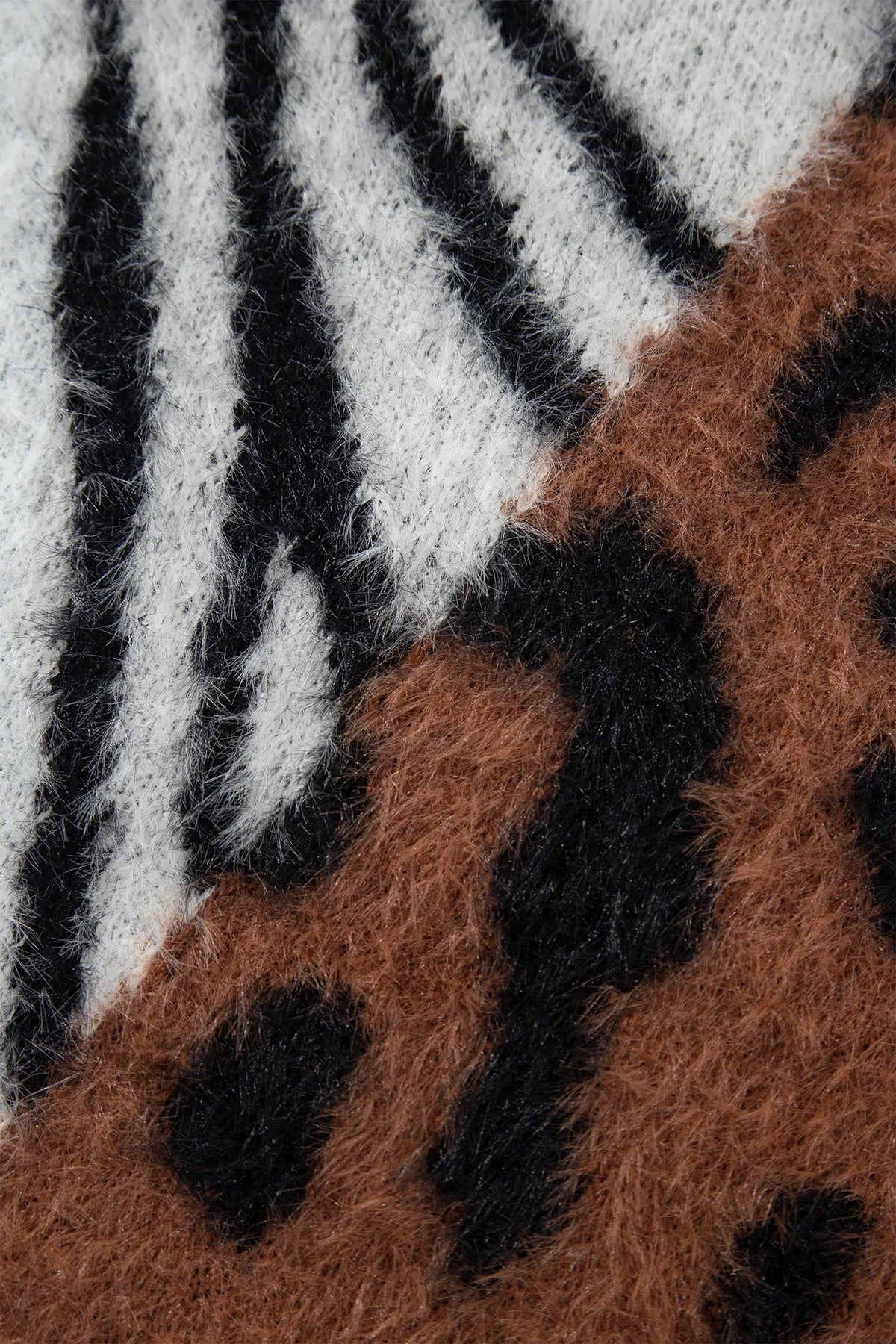 Western Leopard Zebra Print Long Sleeve Round Neck Sweater – Coffee