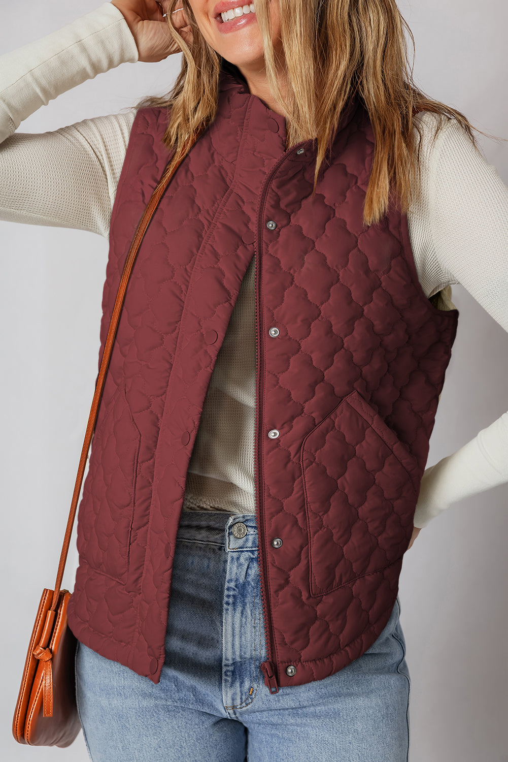 Flower Shape Quilted Snap Button Zip Up Winter Vest Vest - eAura
