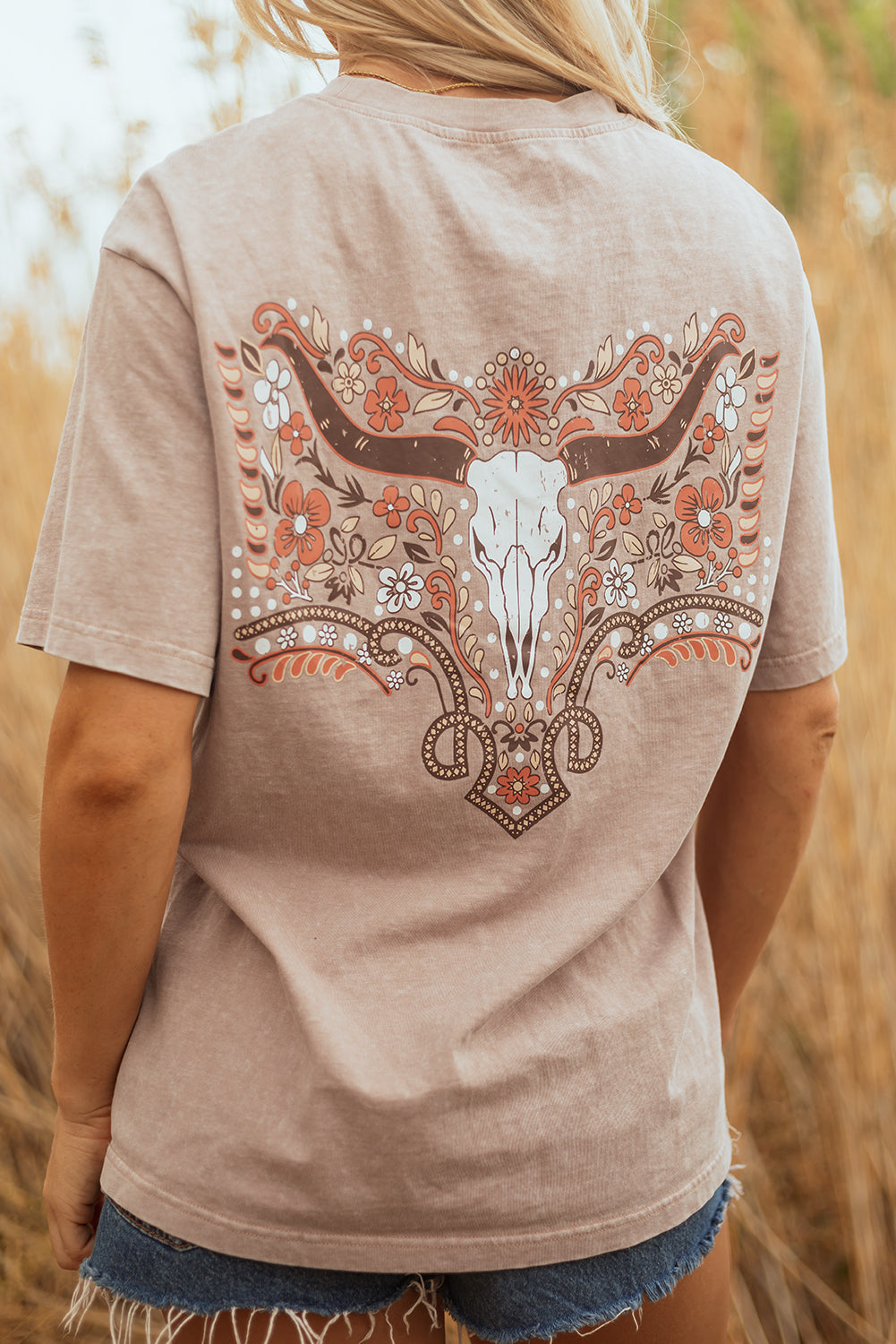 Smoke Grey Mineral Wash Floral Steer Head Printed Back Western Fashion Tee eAura
