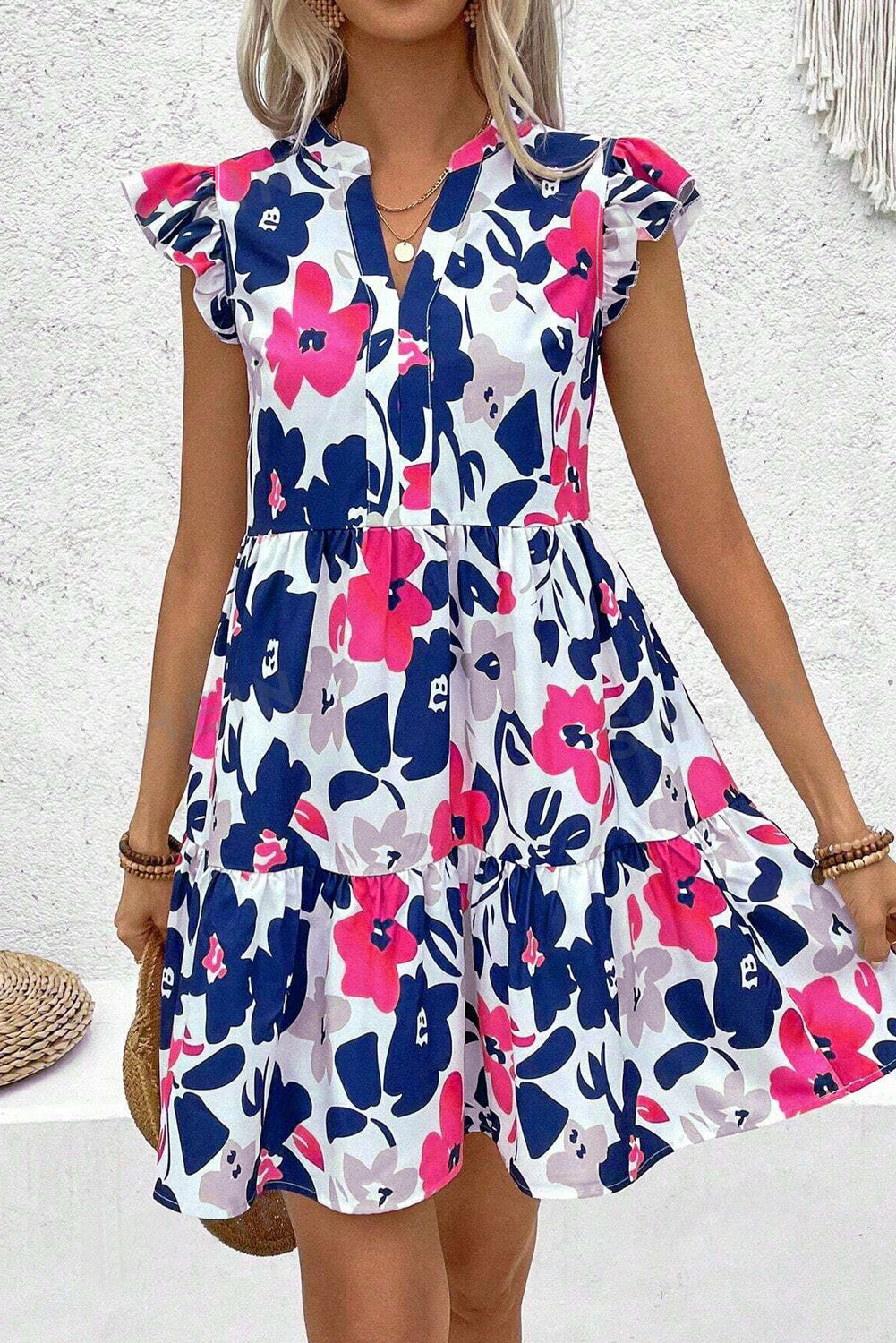 Floral Print Notched Neck Flutter Sleeve Mini Dress BB Fashion Outlet