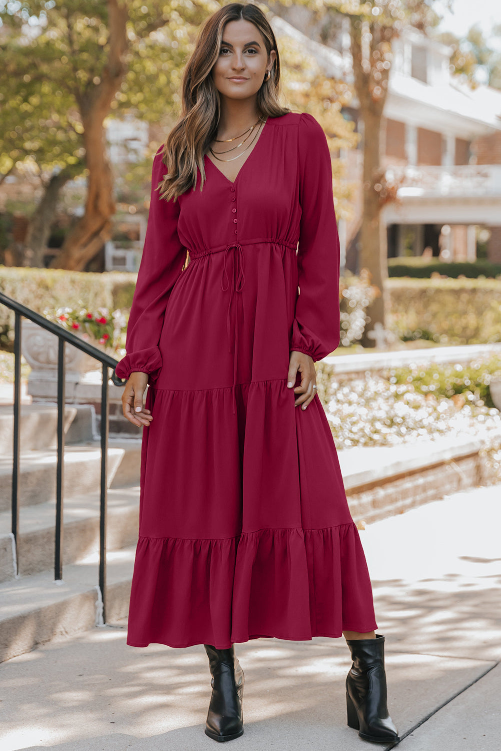 Long Sleeve Button V-Neck Tiered Maxi Dress - eAura