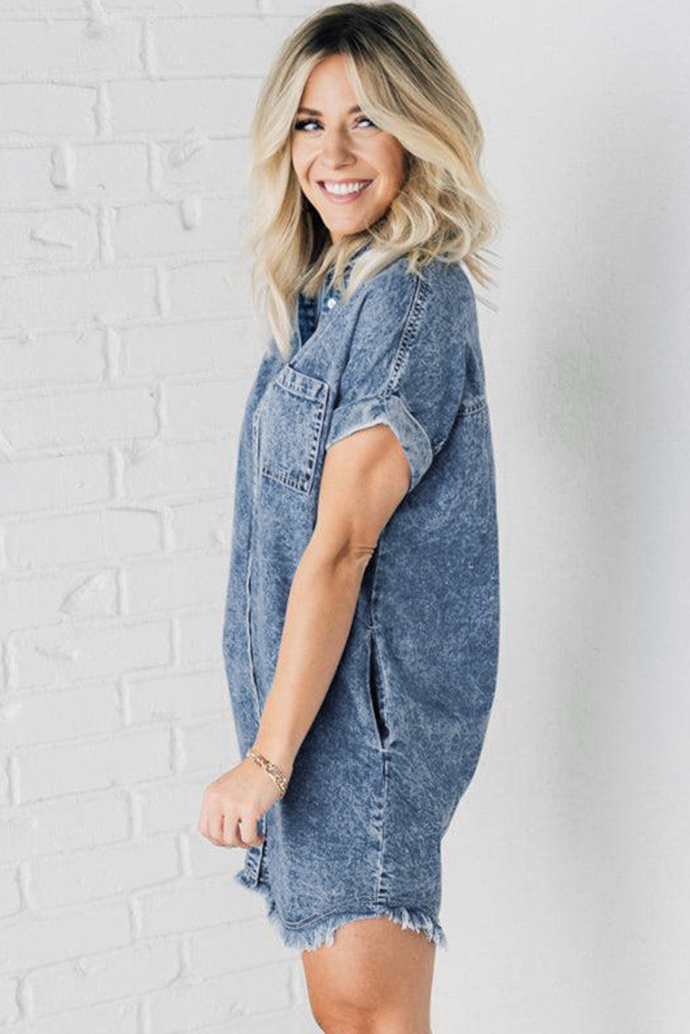 Blue Mineral Wash Cuffed Sleeve Frayed Hem Denim Dress eAura