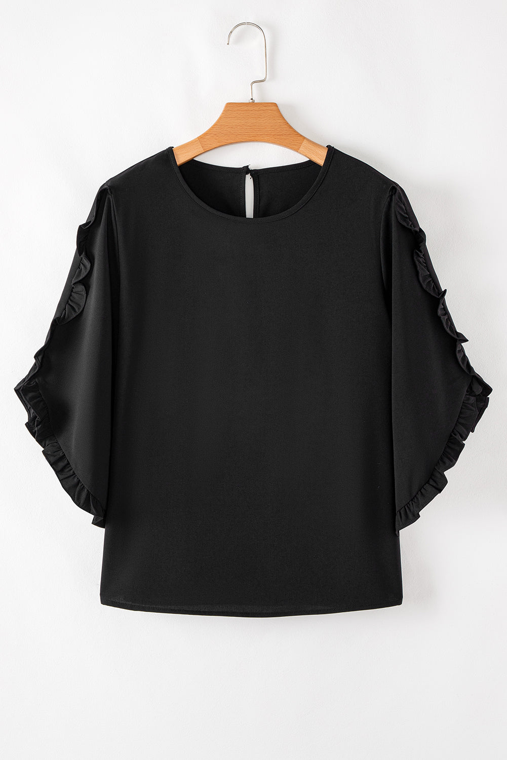 Ruffle Trimmed 3/4 Sleeve Round Neck Blouse eAura