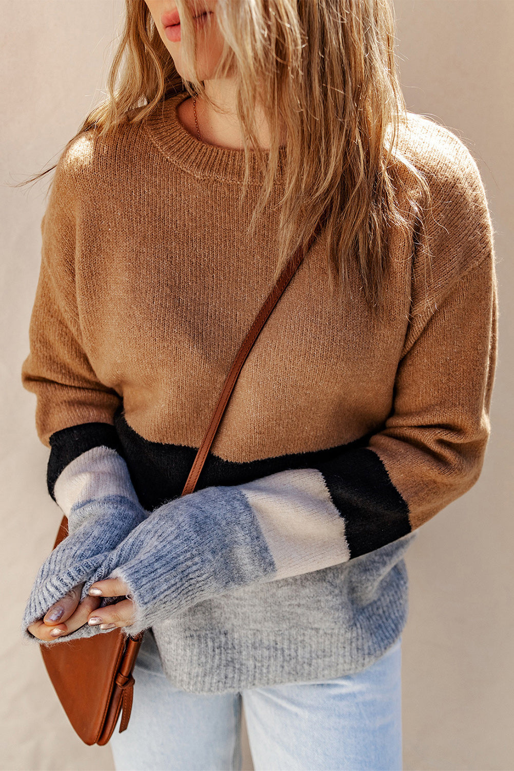Brown Colour Block Striped Ribbed Knit Sweater eAura