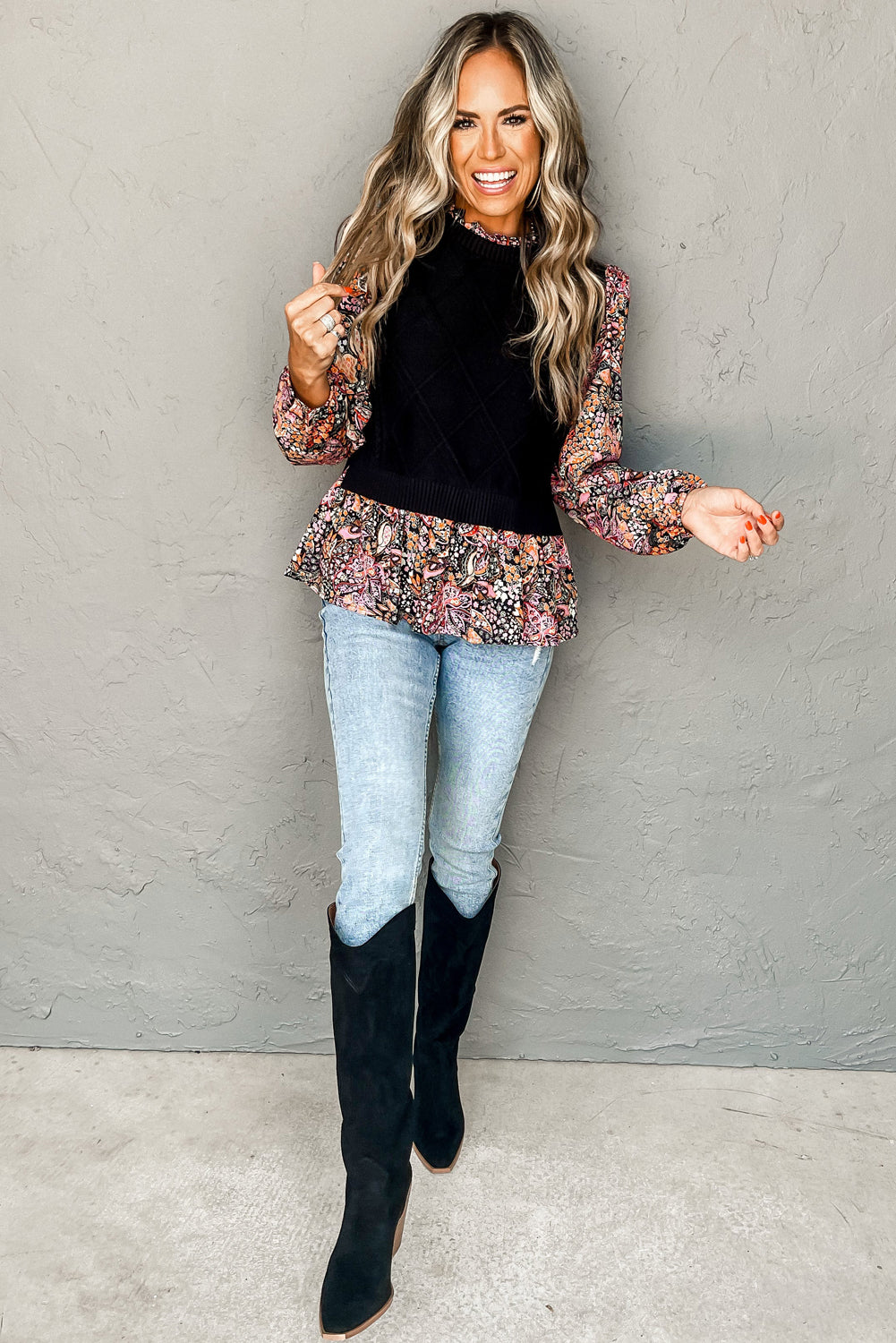 Black Contrast Floral Sleeve Peplum Sweater eAura