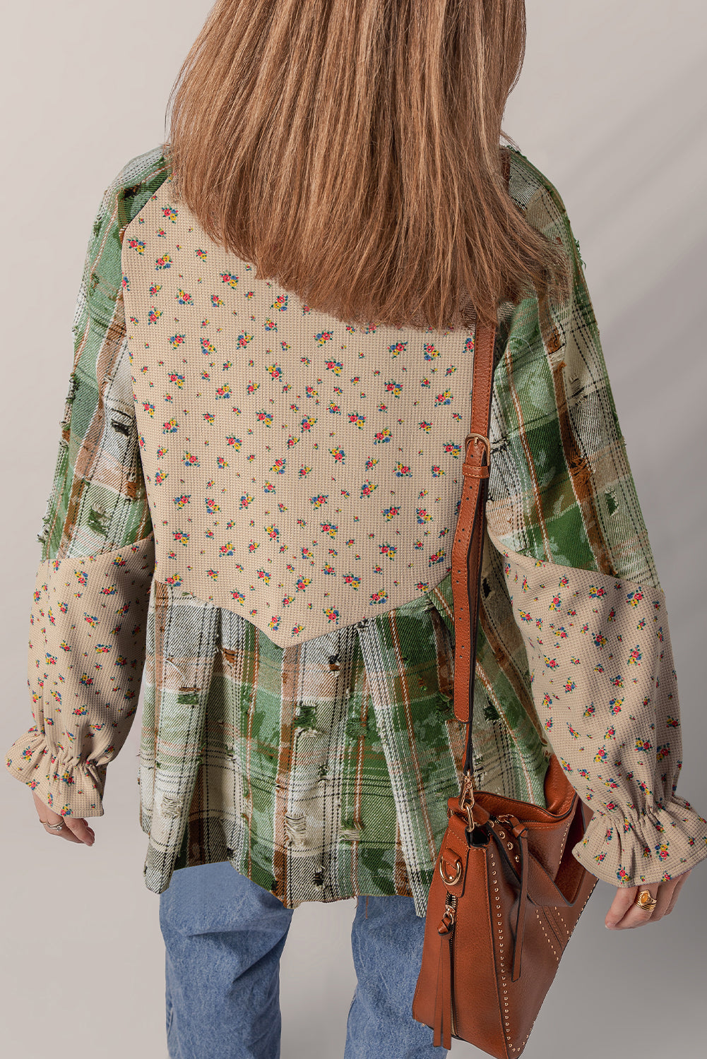 Boho Floral Plaid Patchwork Distressed Detail Ruffled Sleeve Waffle Shacket - Outerwear/Jackets