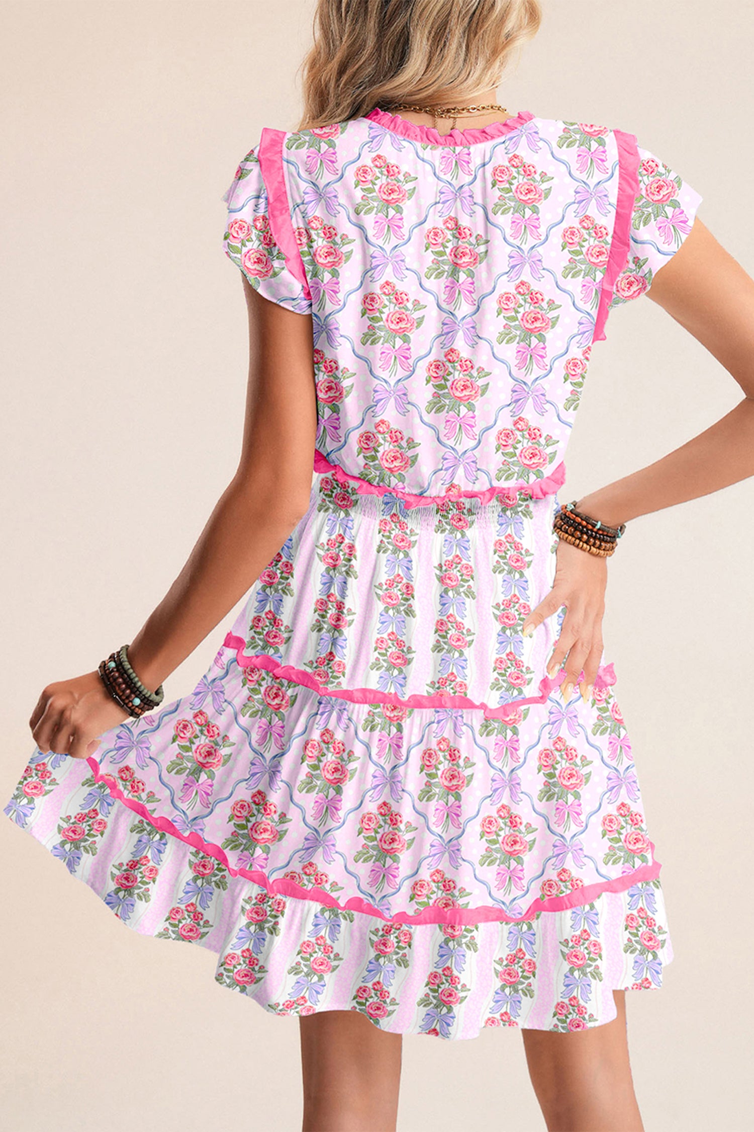 Tiered Ruffle Floral Print Shirred Waist Sleeveless Mini Dress